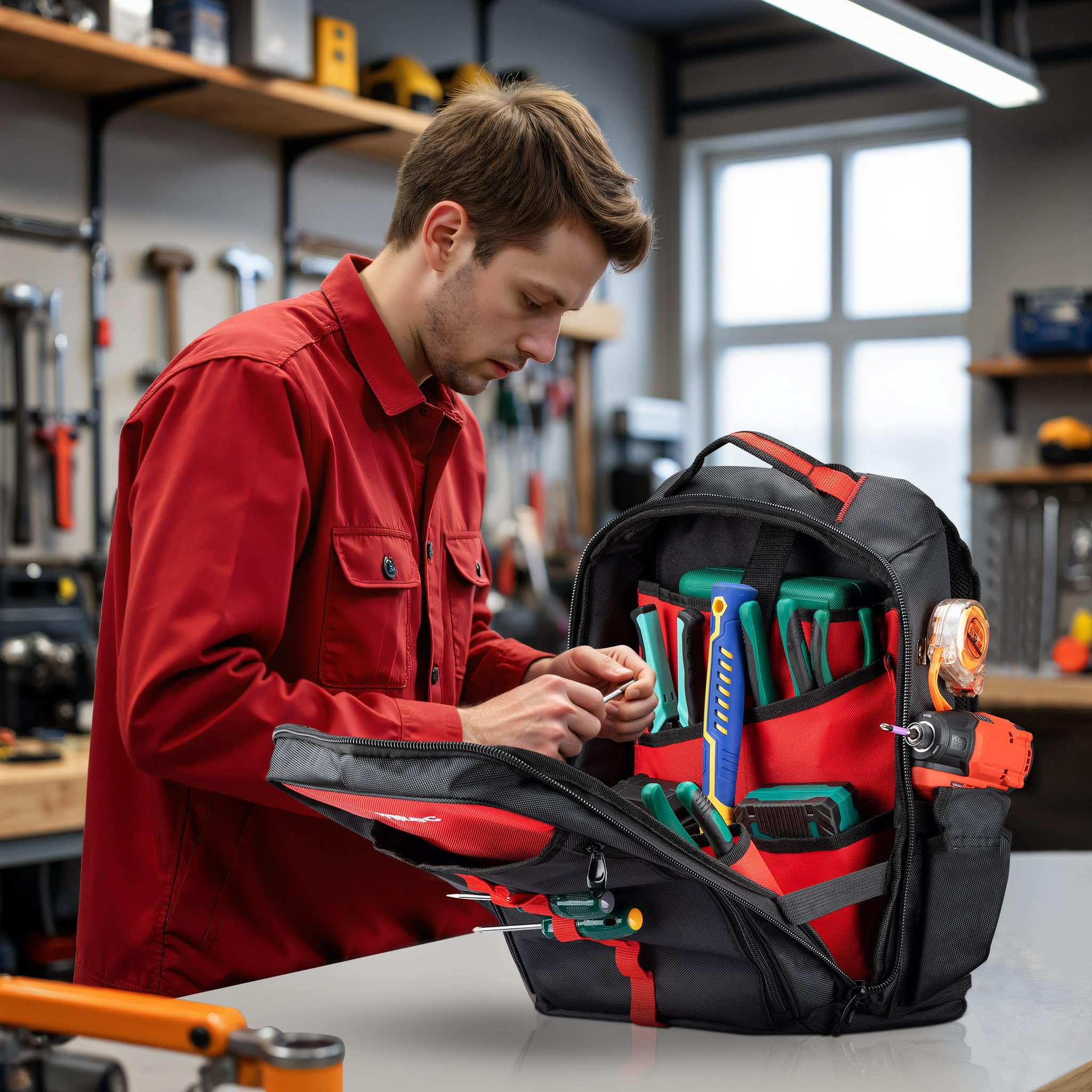 Wiltec Werkzeugrucksack 33 x 20 x 43 cm bis 30 kg, Werkzeug Tasche 16 Fächer, Werkzeug Rucksack gepolstert, robuste Werkzeugtasche