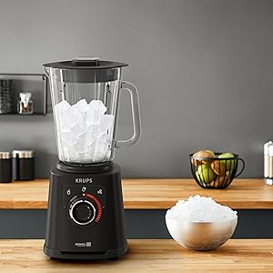 Krups KB8718 PerfectMix+ High Speed Blender | 1200 Watt | Krups Recipes App | Auto Clean Program | Removable Powelix Blades and Glass Container | Includes Spatula/Masher | Black
