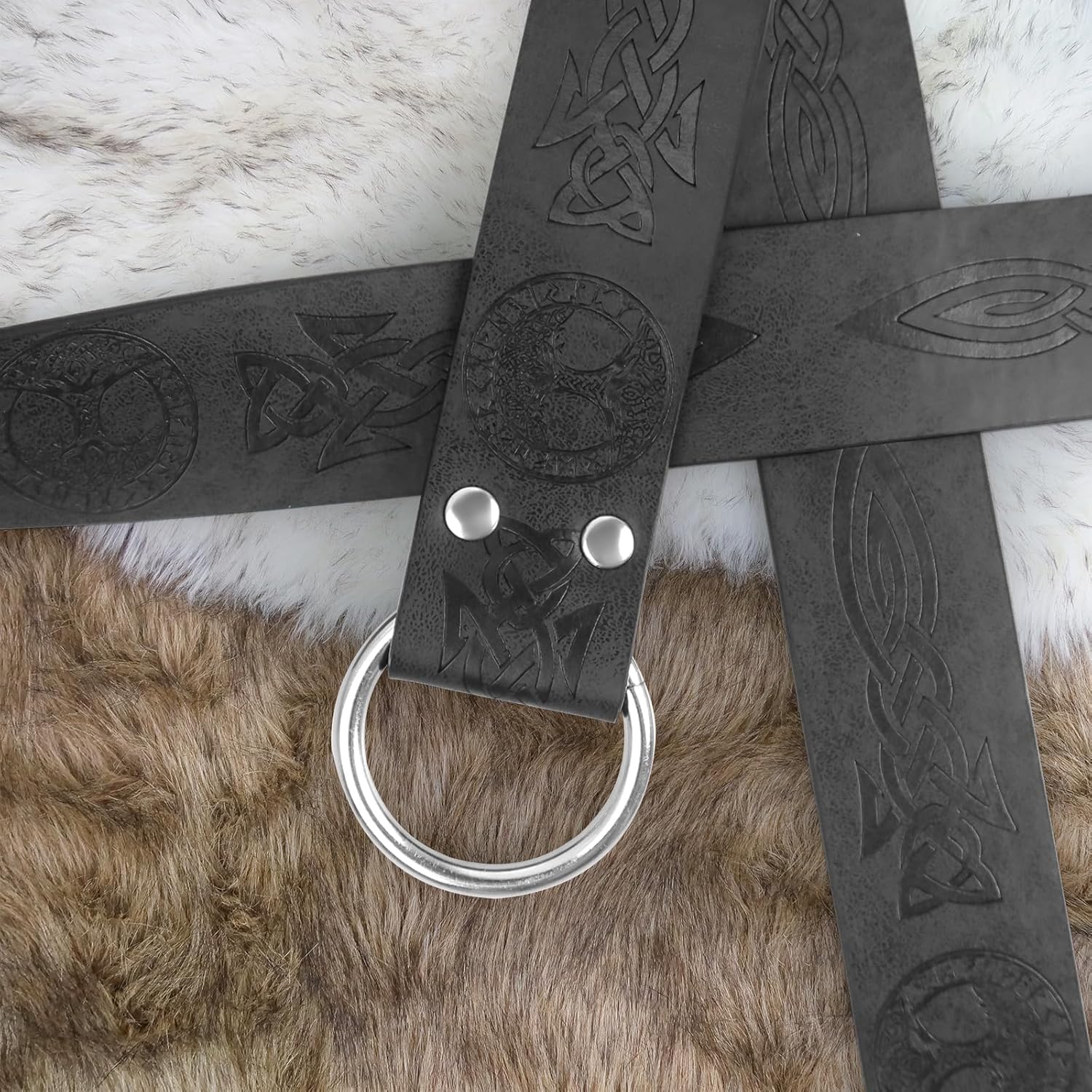 Medieval Viking Belt for Men with Nordic Embossed O Ring Belt Bag, Women Belt Pouch Bag Phone Holder Costume LARP Accessories - Image 6