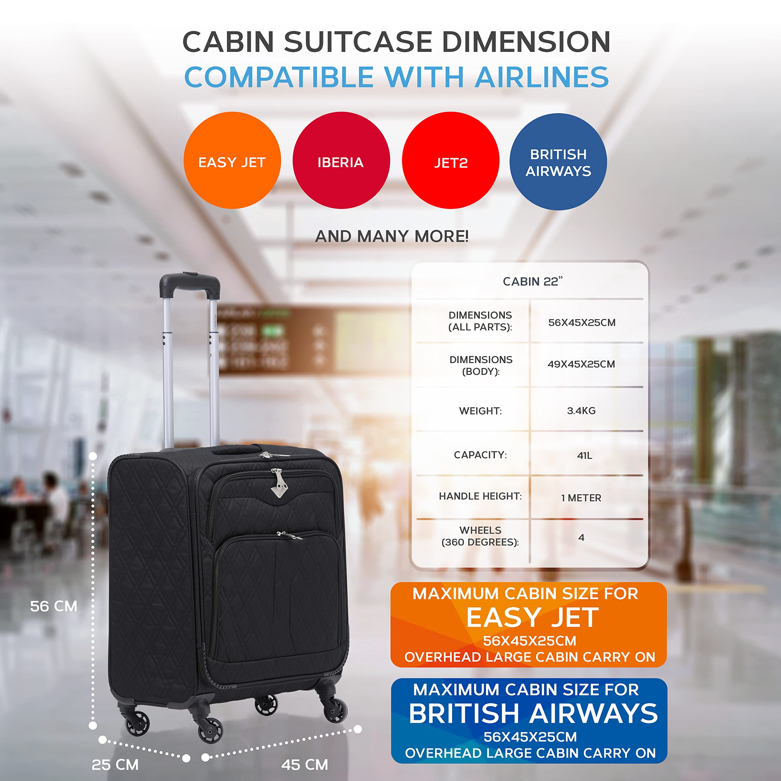 Flight Knight Set of 2 Lightweight 4 Wheel 800D Soft Case Quilted Suitcase Cabin Carry On Hand Luggage Approved for easyJet & BA Maximium Size Overhead Carry On
