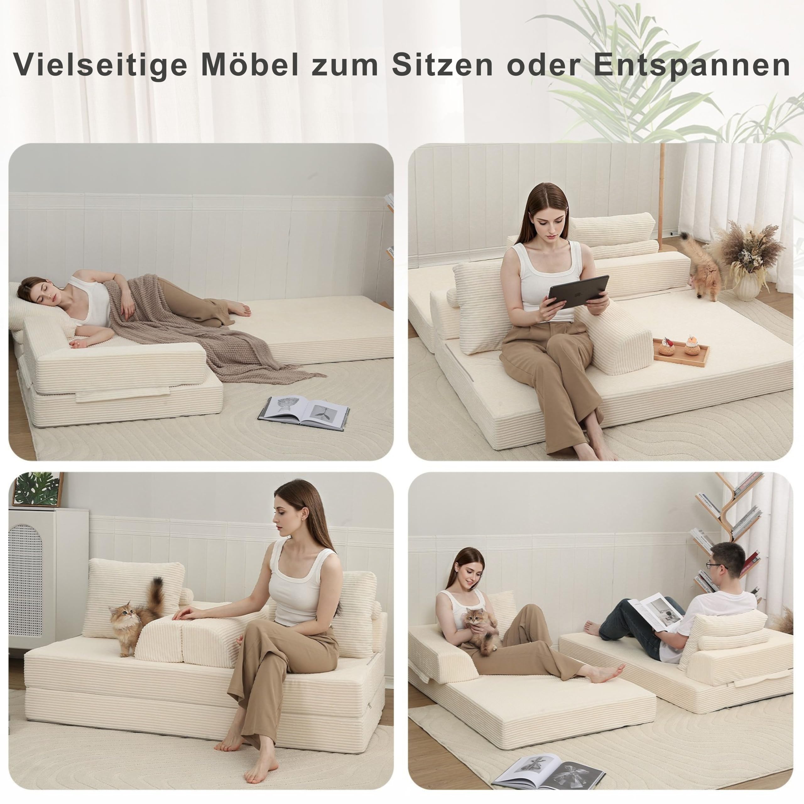 MeMoreCool Boneless Sofa Bett aus Cord – Boden Schlafsofa Convertible Futon mit Kissen, Bequeme Schaumstoff-Matratze, Vielseitige Lounge Cloud Couch für Wohnzimmer & Schlafzimmer, Beige