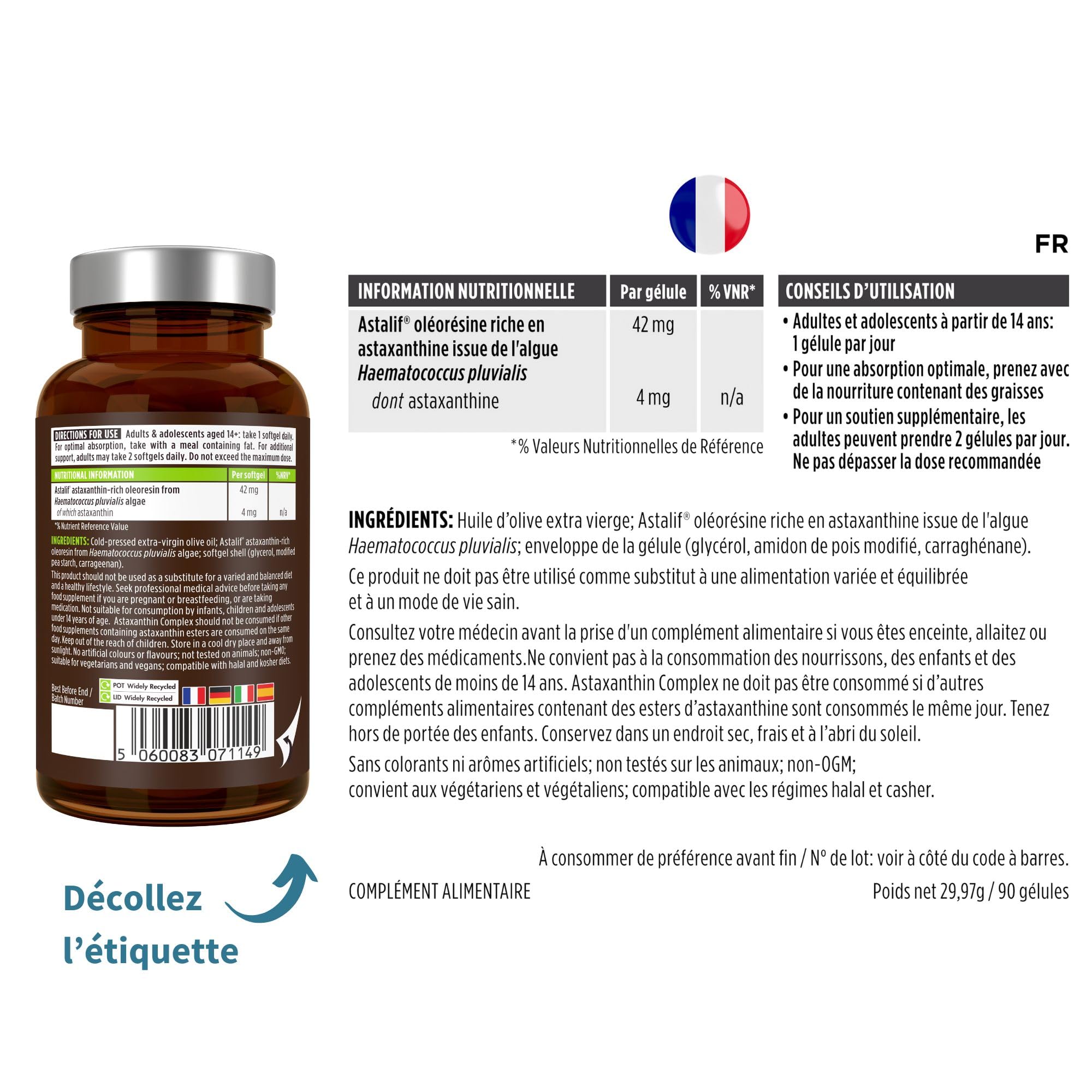 Astaxanthine Vegan, Complexe Antioxydant Naturel, 3 mois, 42mg provenant de algues ultra pures et durables, Lutéine et Zéaxanthine, 90 gélules – par Igennus