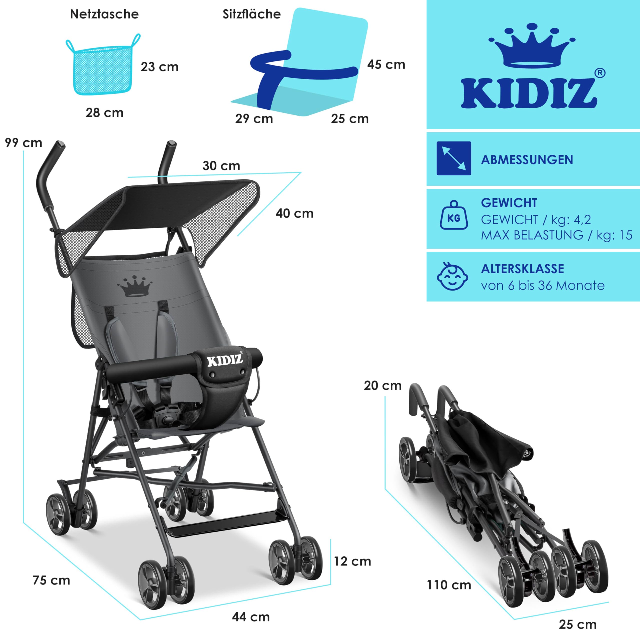 KIDIZ® Kinderwagen CITY Buggy Kinderbuggy klappbar Sportwagen Faltbar 360° 4-Zoll-Räder Inkl. Sonnen- und Regenverdeck zusammenklappbar 5-Punkt-Sicherheitsgurt ab 6 Monate, Anthrazit