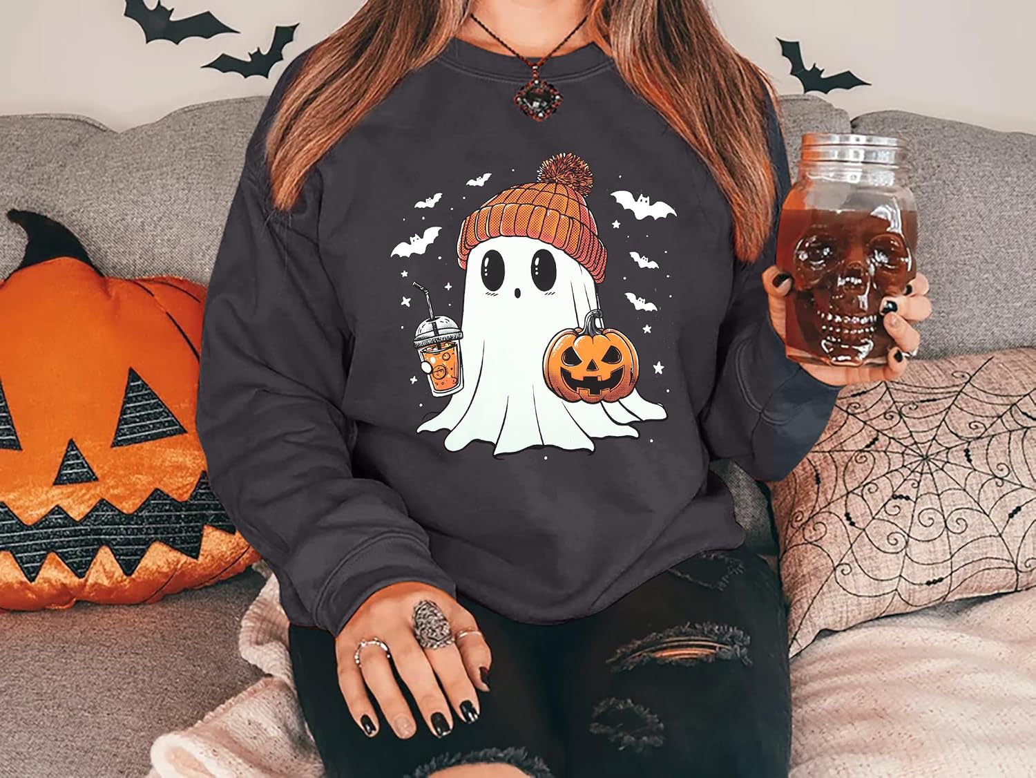 ASTANFY Halloween Sweatshirts for Women Ghost Pumpkin Long Sleeve Shirt Coffee Lover Graphic Tees Fall Spooky Pullover Tops - Image 3