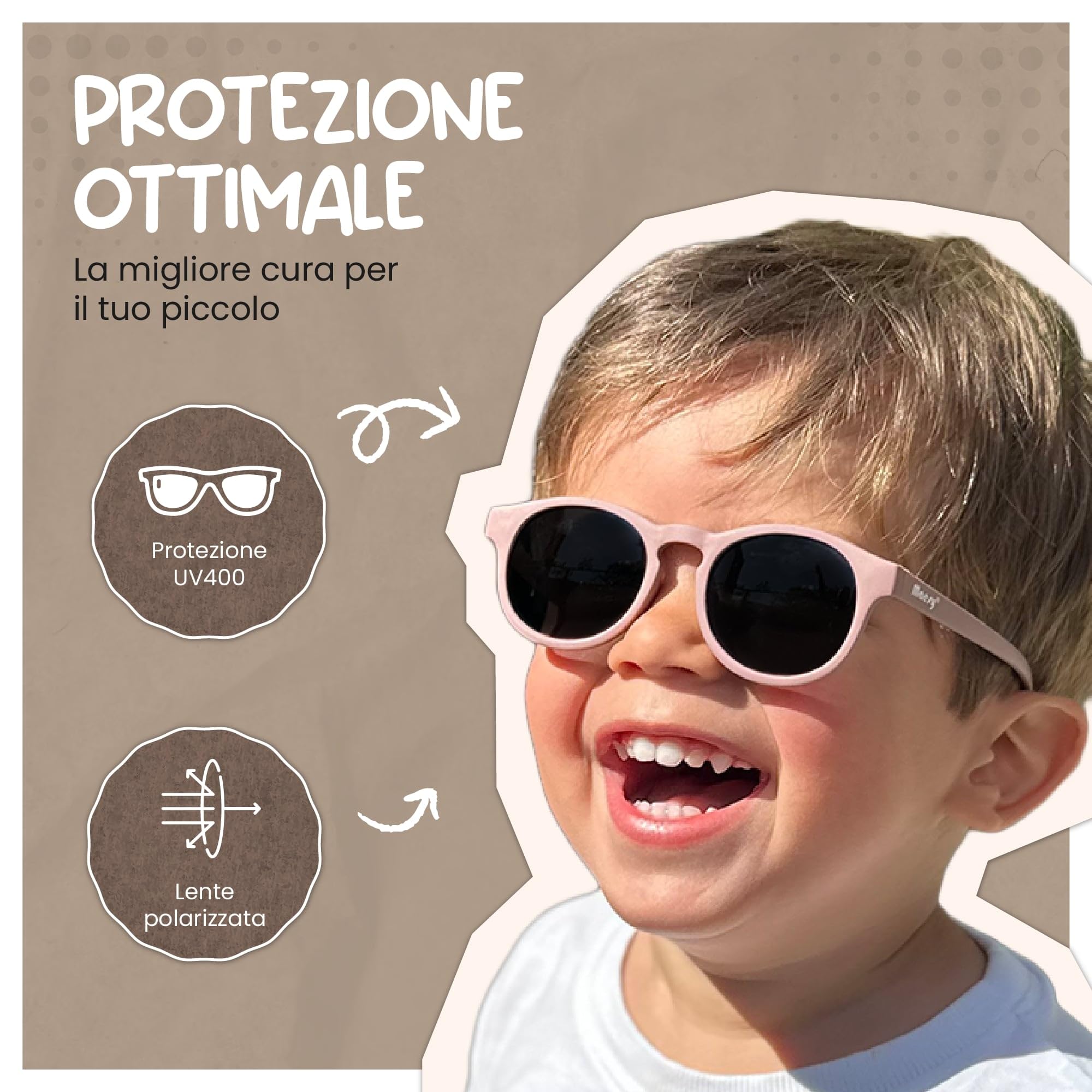 Occhiali da Sole per Bambina, 1-3 Anni, Protezione Polarizzata UV400, Montatura Flessibile e Pieghevole, Cinturino Elastico Regolabile, Occhiali da Sole Sicuri e Comodi per Bambino, Bowi