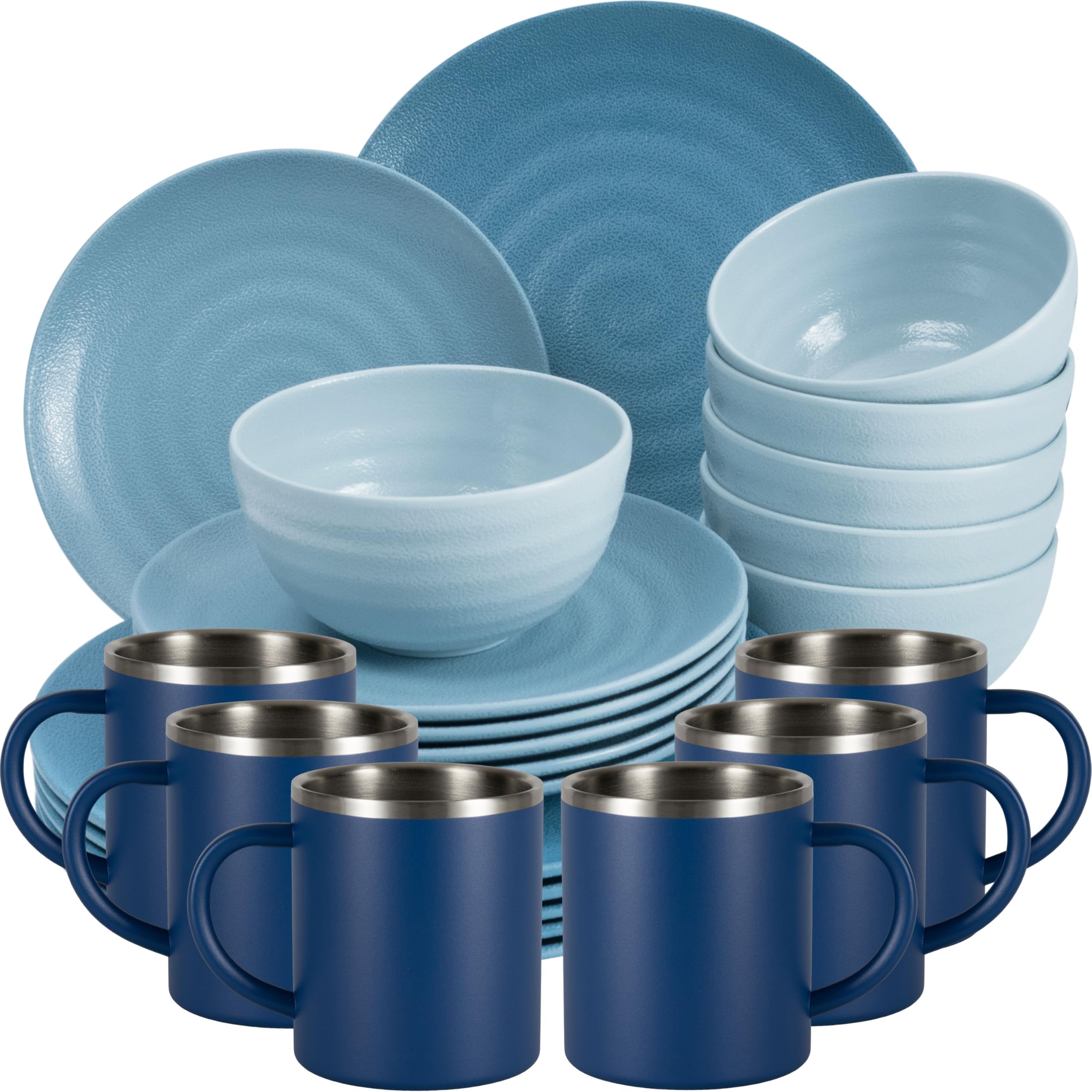 Melamin Geschirr Set Blau Edelstahl Thermo Tassen Tonoptik Picknick Camping