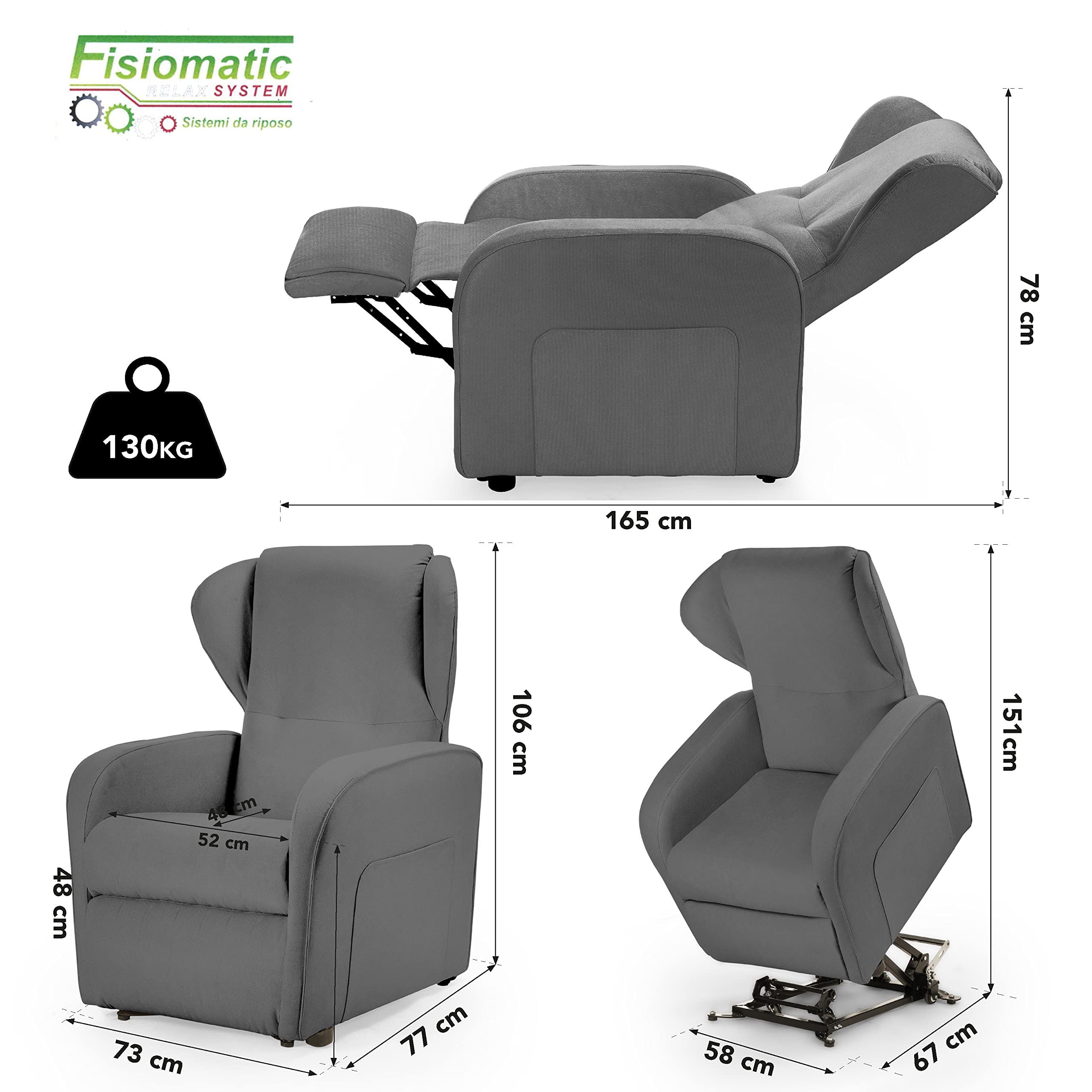Fisiomatic® - Poltrona elettrica reclinabile - 2 motori indipendenti – Poltrona Anziani Made in Italy – Passaggio porte – Poltrona relax alzapersona – Mod.Noemi (Gray)