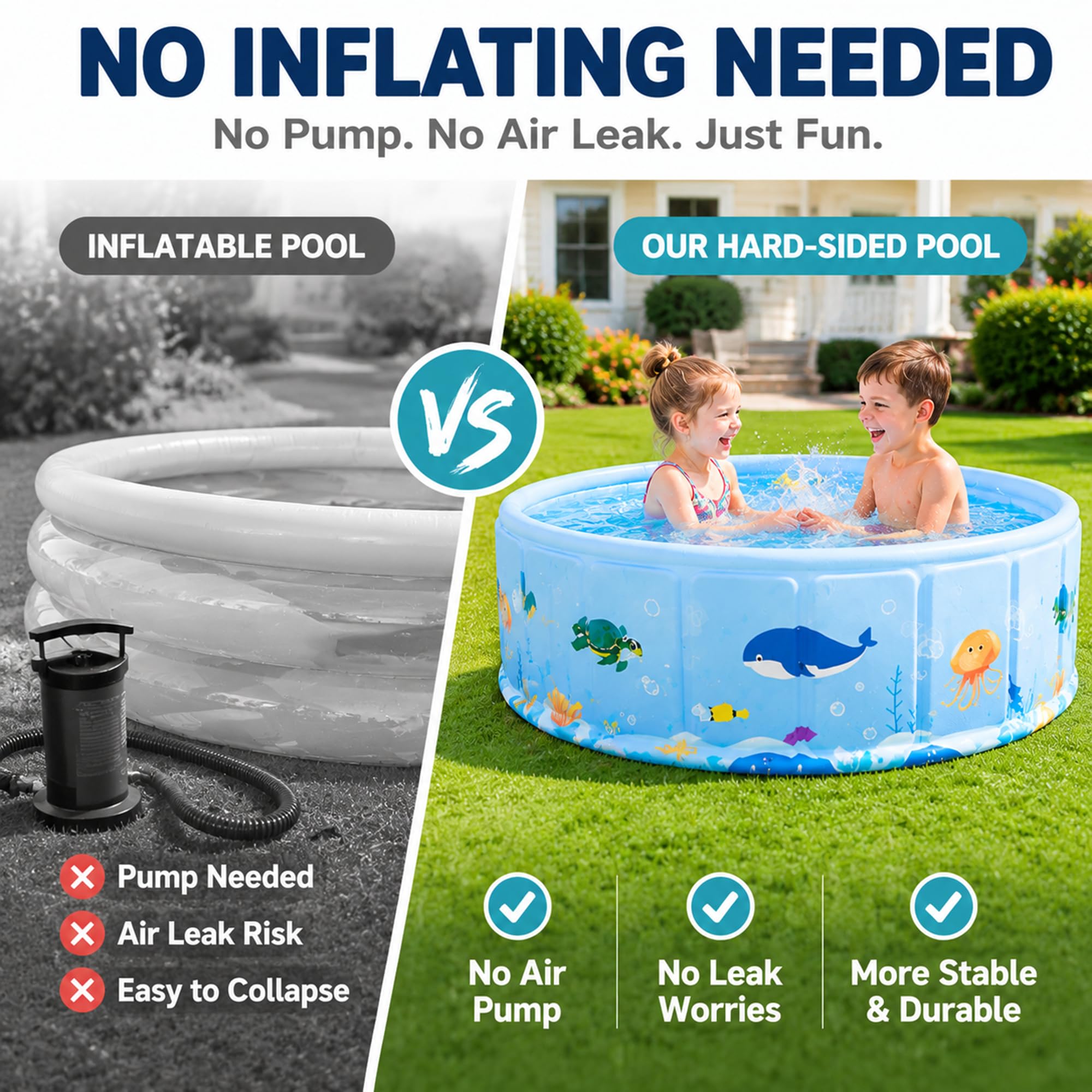 Piscina Bambini Pieghevole, Piscina Rigida Senza Gonfiaggio da Giardino | Piscina Portatile con Pannelli PVC Resistenti, Scarico Rapido e Salvaspazio per Esterni(39.4in)