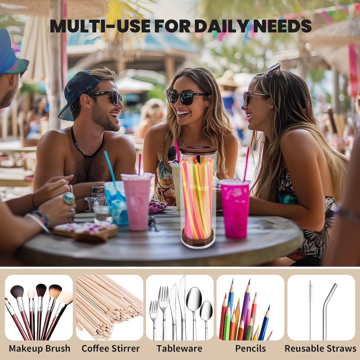 Straw Holder Dispenser for Counter,10-Inch Drinking Straw Dispenser with 100 Straws,Acrylic Straws Organizer with Bamboo Lid,Transparent Straw Storage Container for Kitchen,Pencils and Silverware