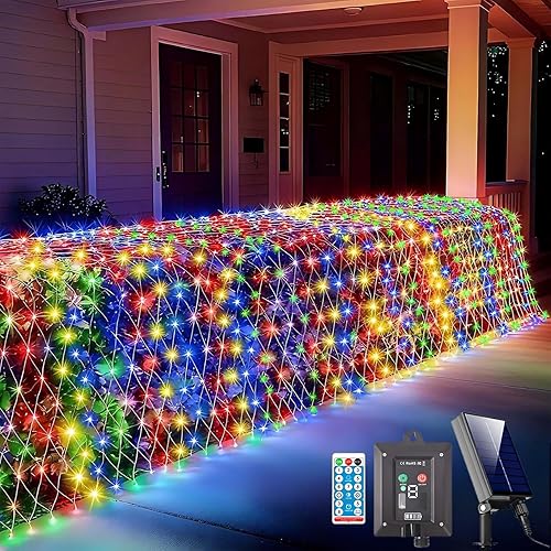 Red solar de luces para exteriores, 240 luces LED de malla multicolor para arbustos, impermeables, solares y USB, 2 vías de alimentación, 11.5 pies