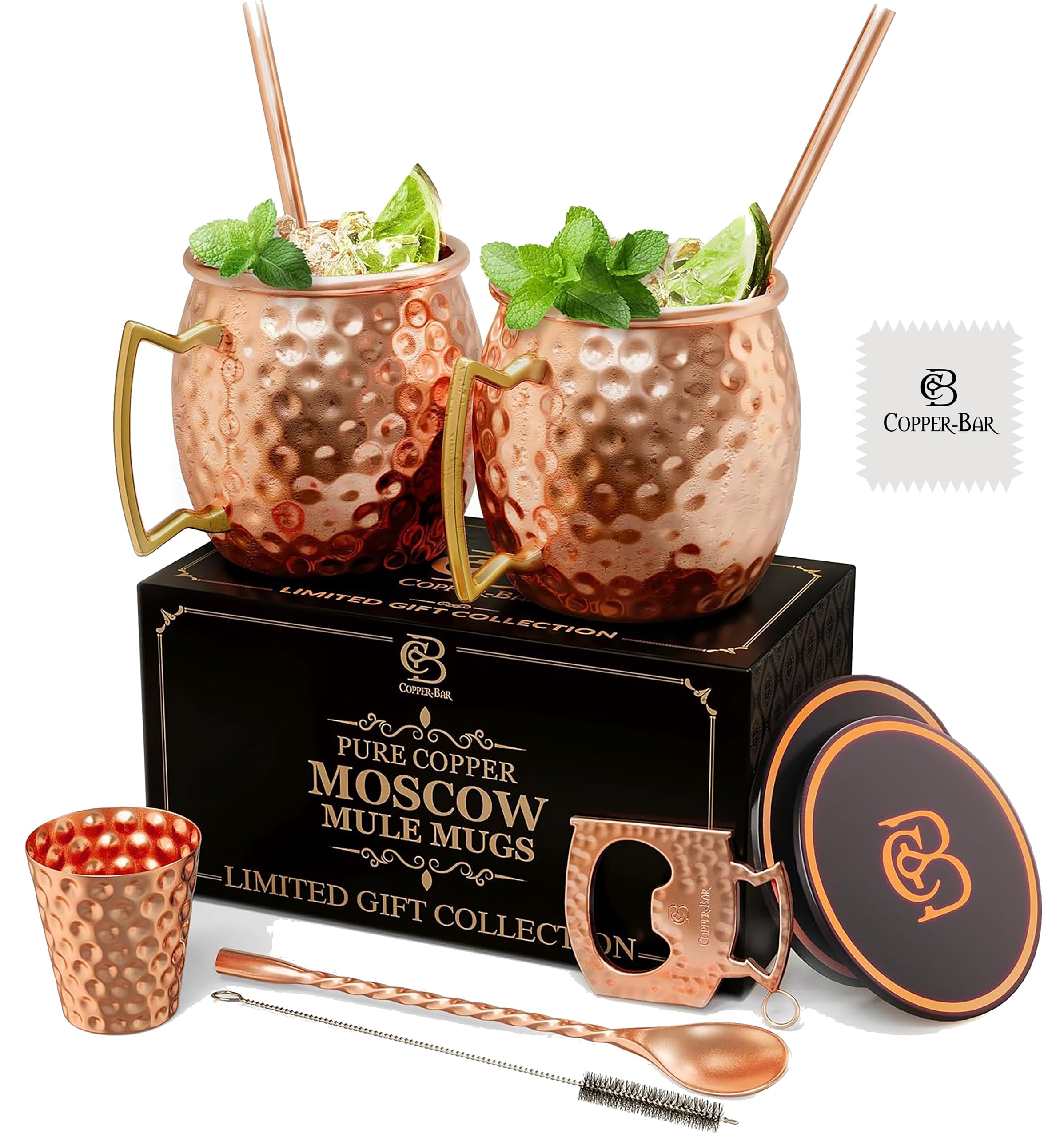 Moscow Mule Copper Mugs - Unique HANDCREFTED Gift Set of 2, Hammered by Artisan, 100% Pure Solid Copper Cups 16oz for Drinking Water & Cocktails, Include 18 Pcs accessories & Special Opener