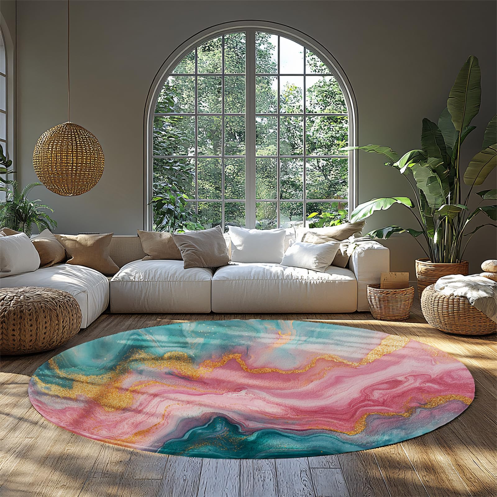 Tapis de sol moderne en marbre rose abstrait de 100cm lavable pour deccorer une chambre