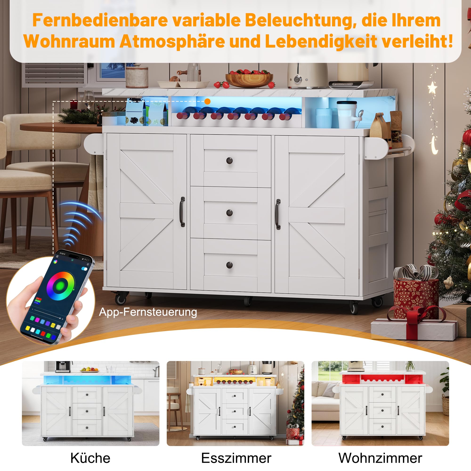 Wyspa kuchenna ze sterowaniem LED i aplikacją, mobilny wózek kuchenny z rozkładanym blatem roboczym, regałem na wino i uchwytem na szkło, 5 kółek, biały, 138 x 60 x 93 cm