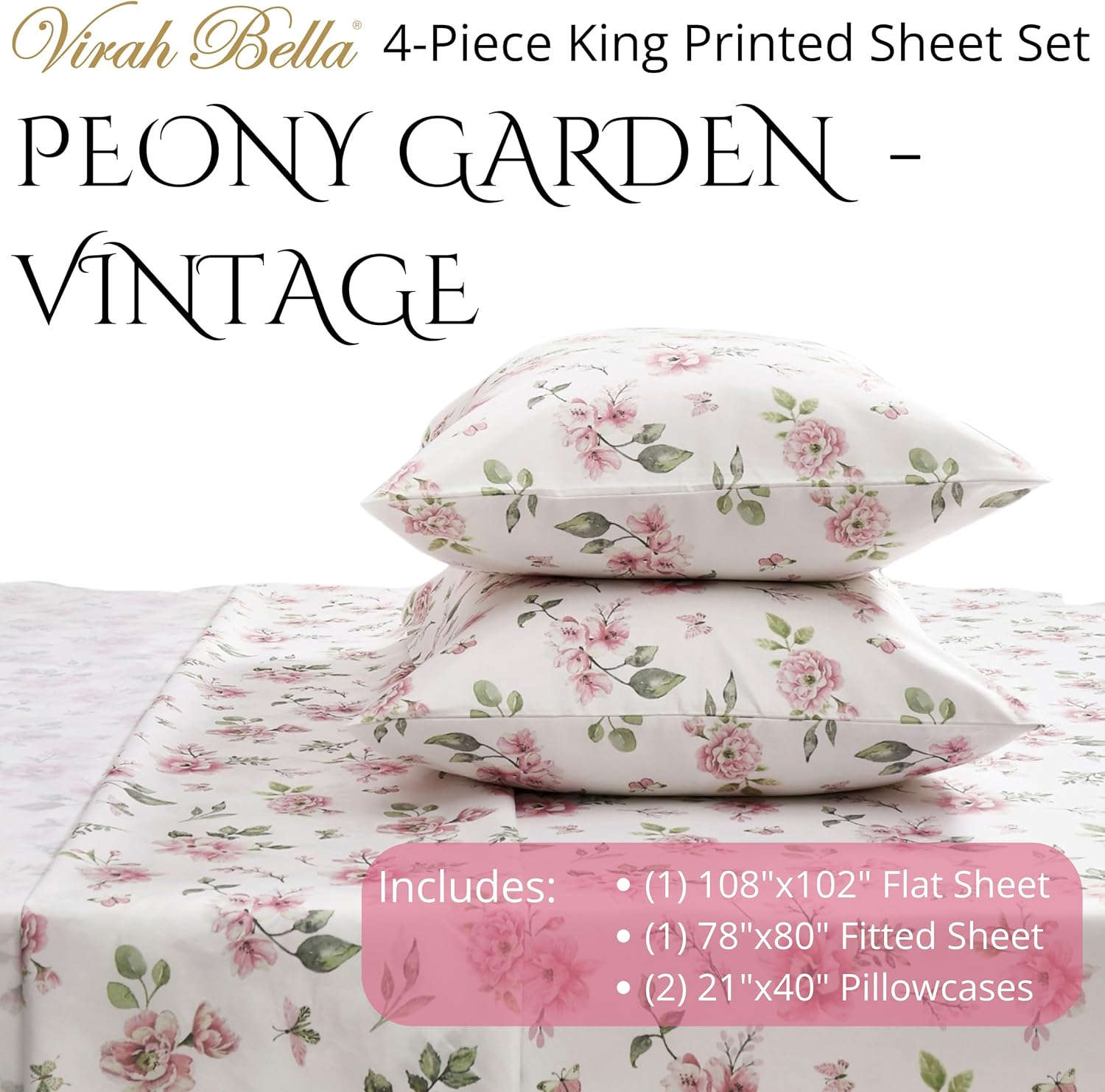 Virah Bella 4-Piece King-Size Printed Microfiber Bed Sheet Set - Peony Garden - Vintage