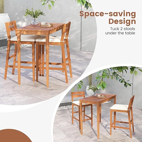 Miniatura 9 de Tangkula Juego de 3 barras de madera de eucalipto para patio, juego de mesa y sillas de altura de barra al aire libre con cojines, juego de comedor