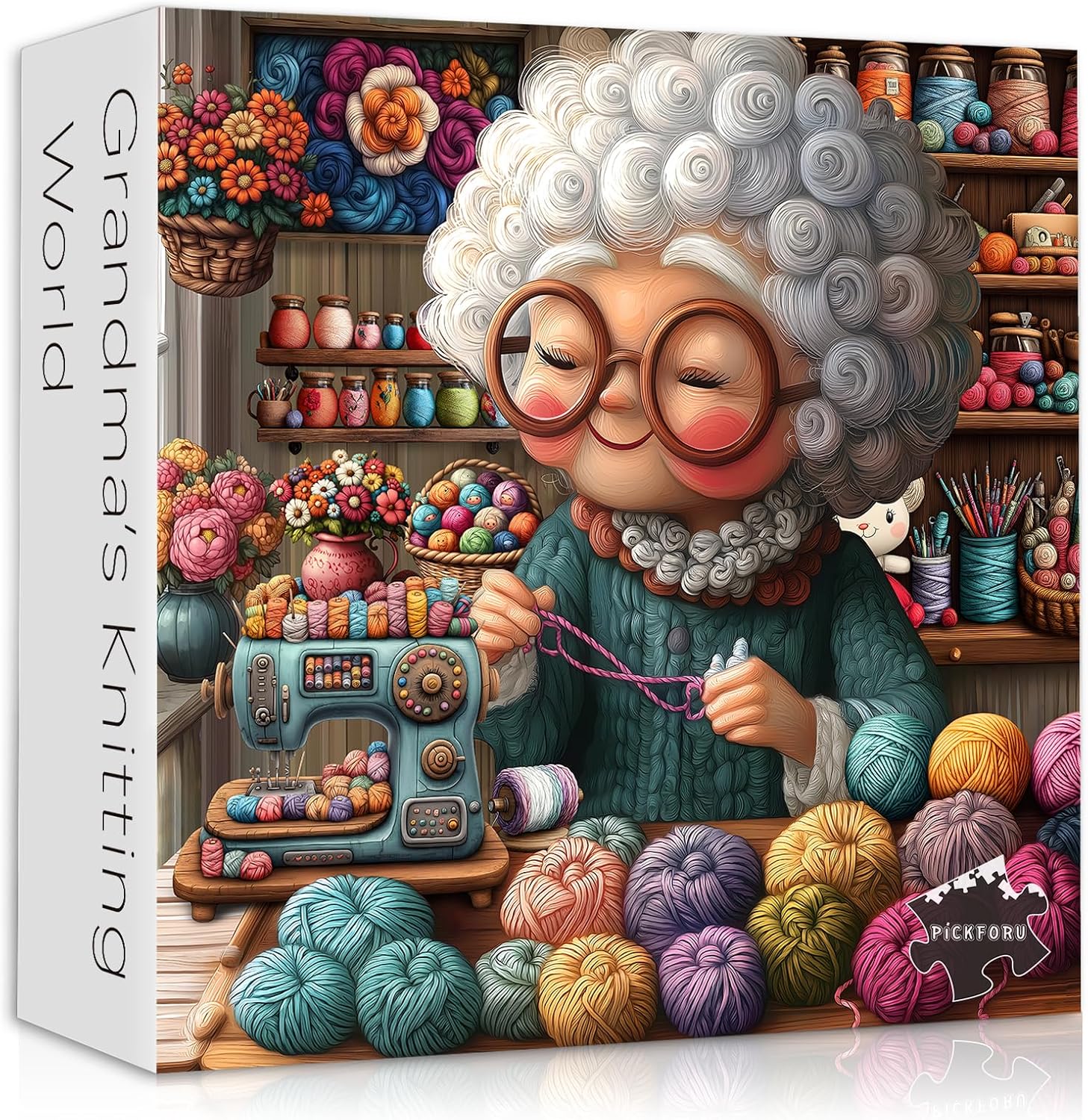 Sewing Machine 1000 Piece Puzzles for Adults,Funny Grandma Puzzle Floral Embroidery, Cozy Craft Room with Yarn Flowers Puzzle,PICKFORU Grandma's Knitting World Jigsaw Challenge