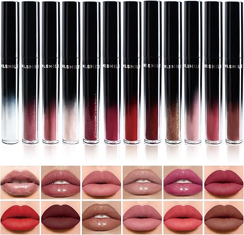 12PCS Lip Gloss Set, Shiny & Matte liquid lipstick, Long-Lasting Lip Glaze for Women & Girls, Non-Sticky Lip Makeup Kit with Hydrating Formula, Birtiday Gift (5 Shiny + 7 Matte)