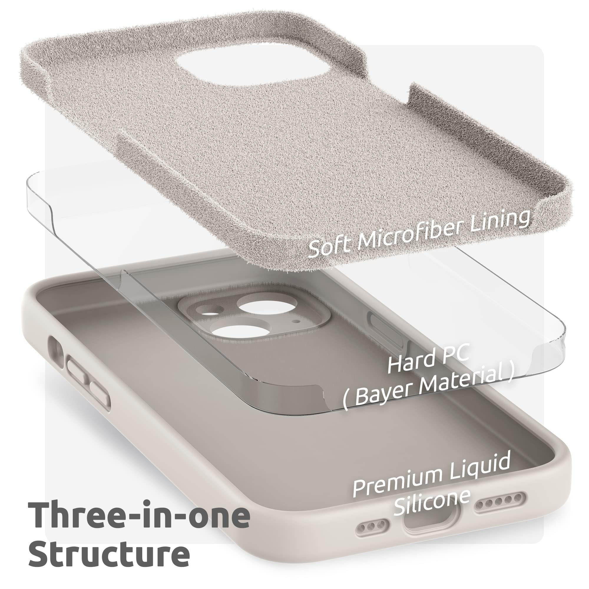 SURPHY Cover per iPhone 13 con Vetro Temperato (6,1"), Custodia per iphone 13 Silicone con Protezione Fotocamera, case protezione Completa,Antiurto, Morbida Microfibra Antigraffio(Pietra Beige)