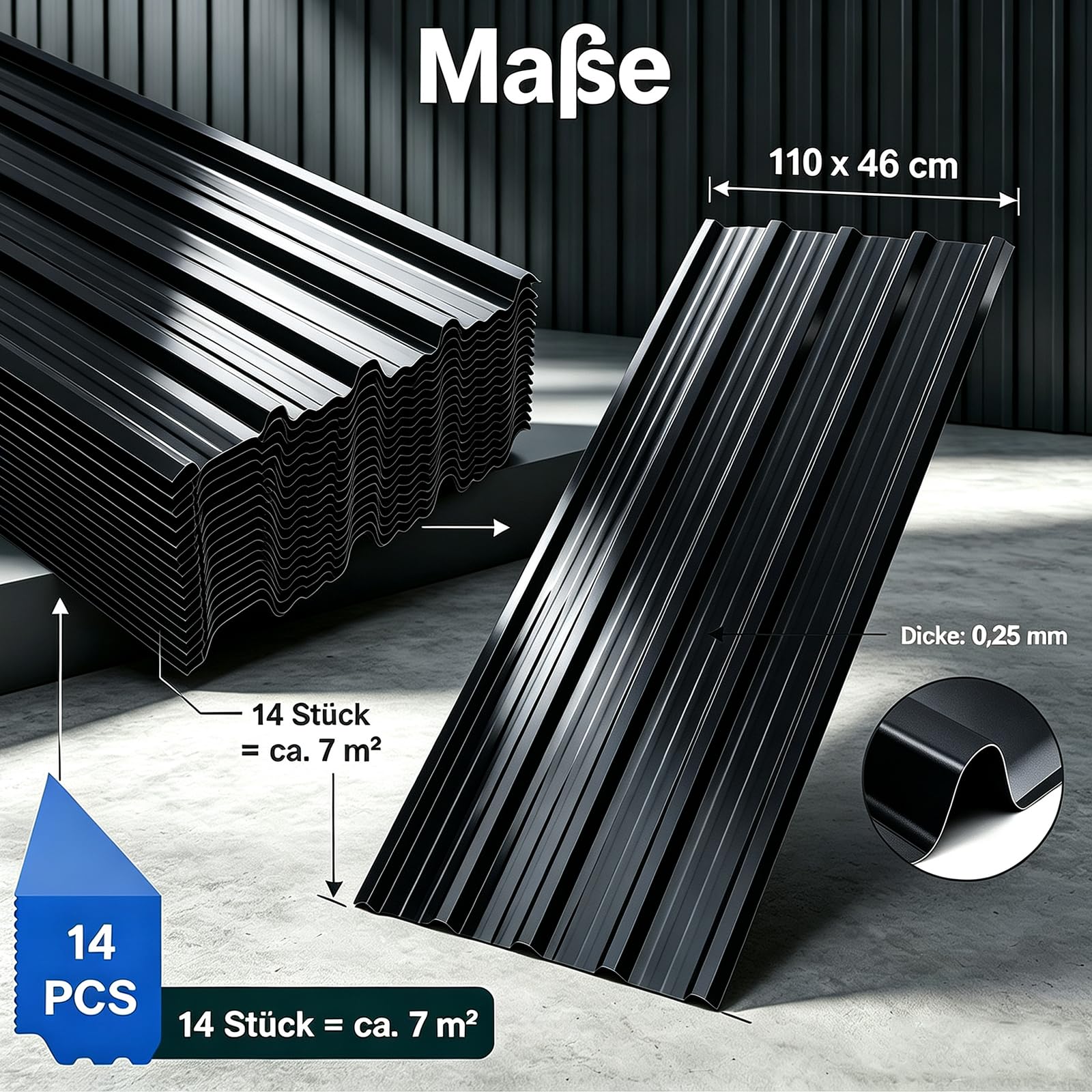 Trapezblech Profilblech 14 Stück Dachplatten für Kaminholzregal, 110x46cm 0,25mm Wandverkleidung Außen & Mülltonnenbox, Wellblech mit 3 Sicken, Verzinktes Stahlblech, Blechdach