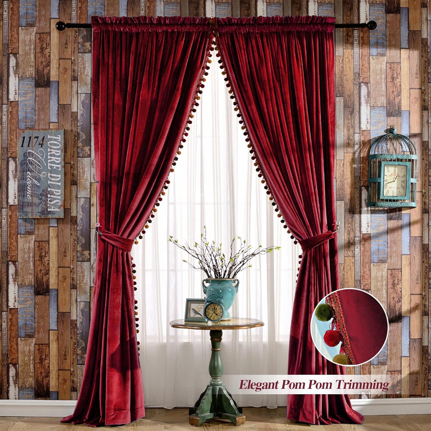melodieux pom poms velvet blackout lined curtains extra wide for patio doors, vintage luxury bedroom living room thermal insulated rod pocket drapes, 100" w x 84" l, burgundy (2 panels) 100"w x 84"l (pack of 2) burgundy-lined