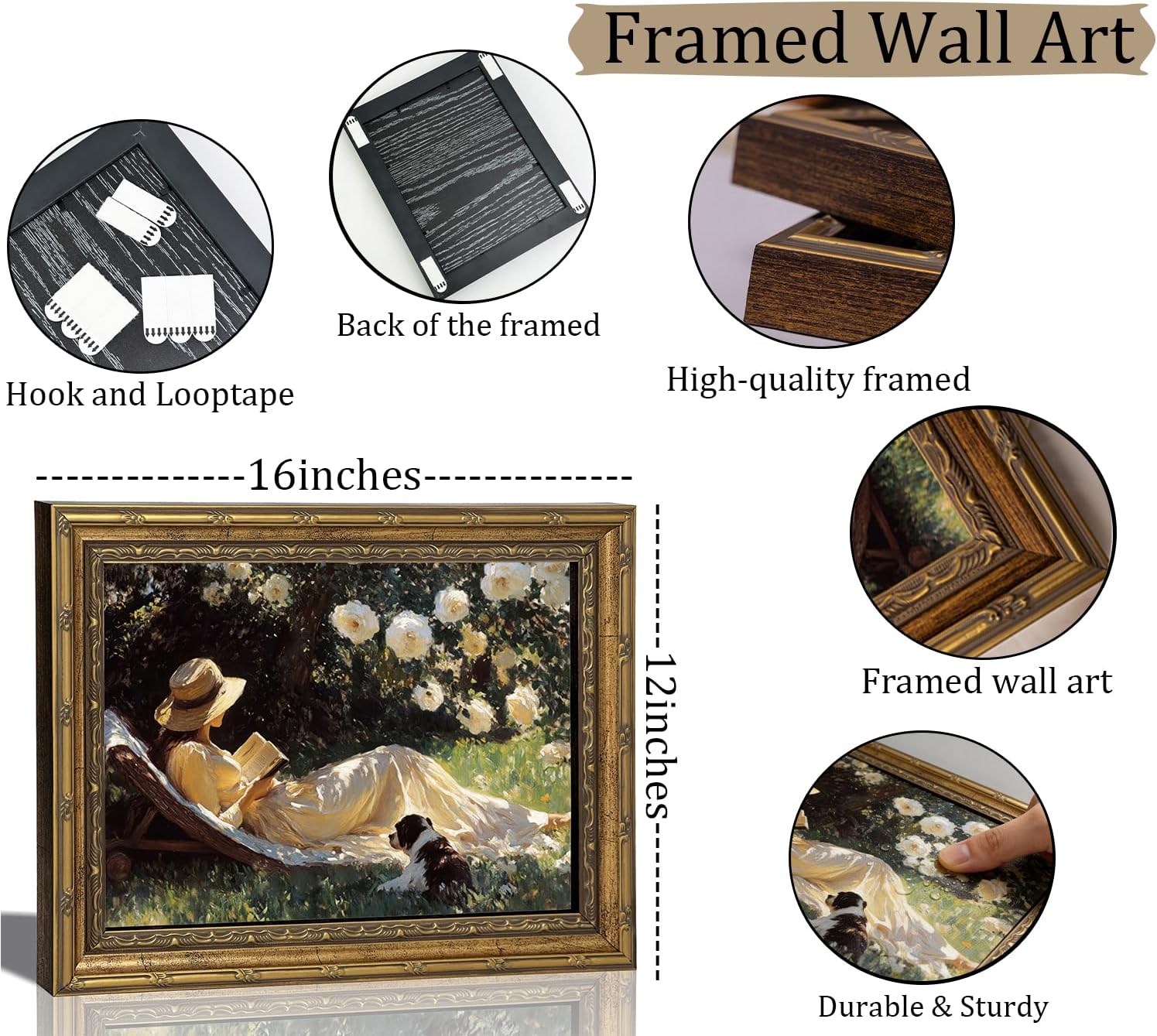 Vintage Gold Framed Canvas Wall Art, Country Woman Reading Painting Picture Wall Decor, Spring English Garden Poster Print Artwork for Rural Countryside Living Room Home Decoration 12x16in
