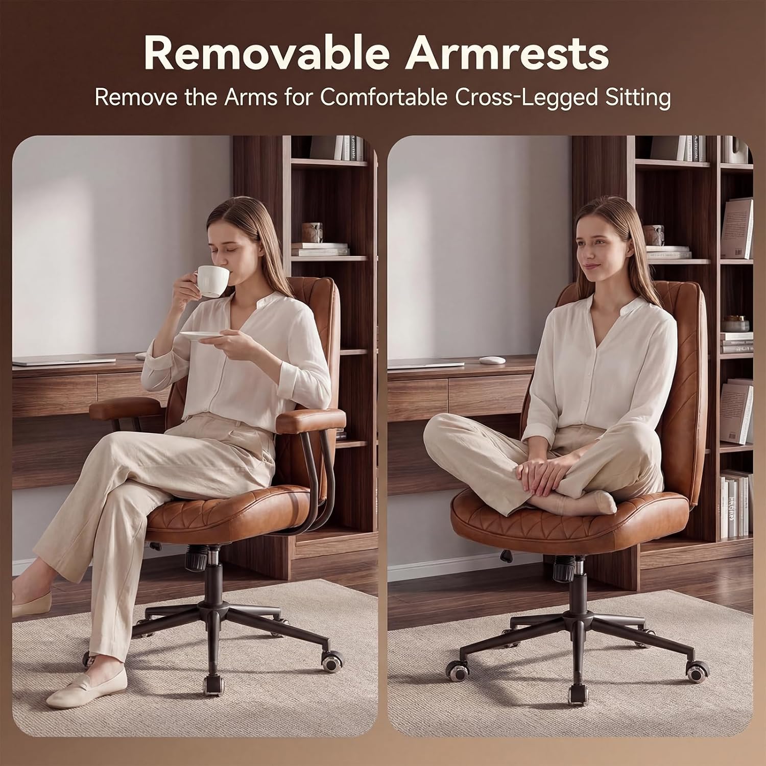 Brown Leather Office Desk Chair with Quiet Rubber Wheels, Height Adjustable, Padded Arms, Vintage Mid Century Office Chair, Retro Style Desk Chair