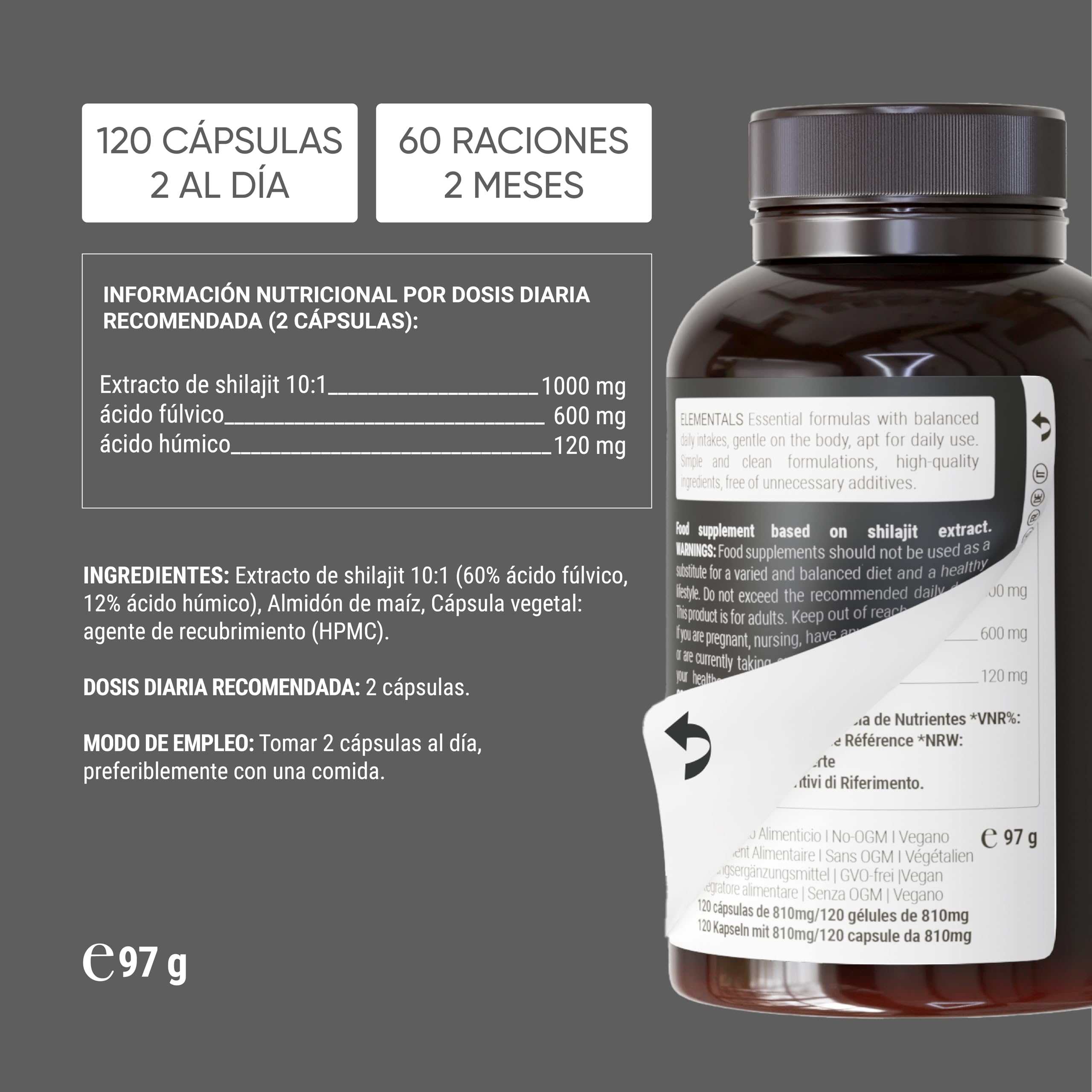 Nullure Shilajit Puro del Himalaya Original | 60% de ácido fúlvico + 12% de ácido húmico | Antiinflamatorio · Neuroprotector · Recuperación Muscular |Suplemento Premium | 120 cápsulas (2 meses)