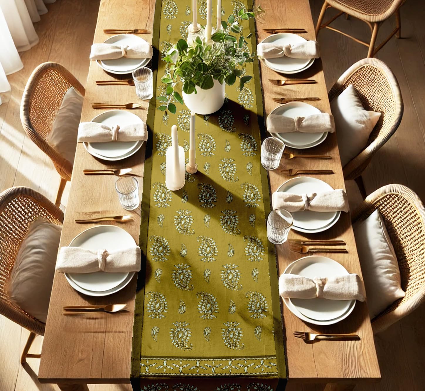Decorative Table Runner - Double-Layered Cotton - 14 x 60 Inch with Elegant Border - Durable - for Rustic, Boho & Modern Décor - Paisley