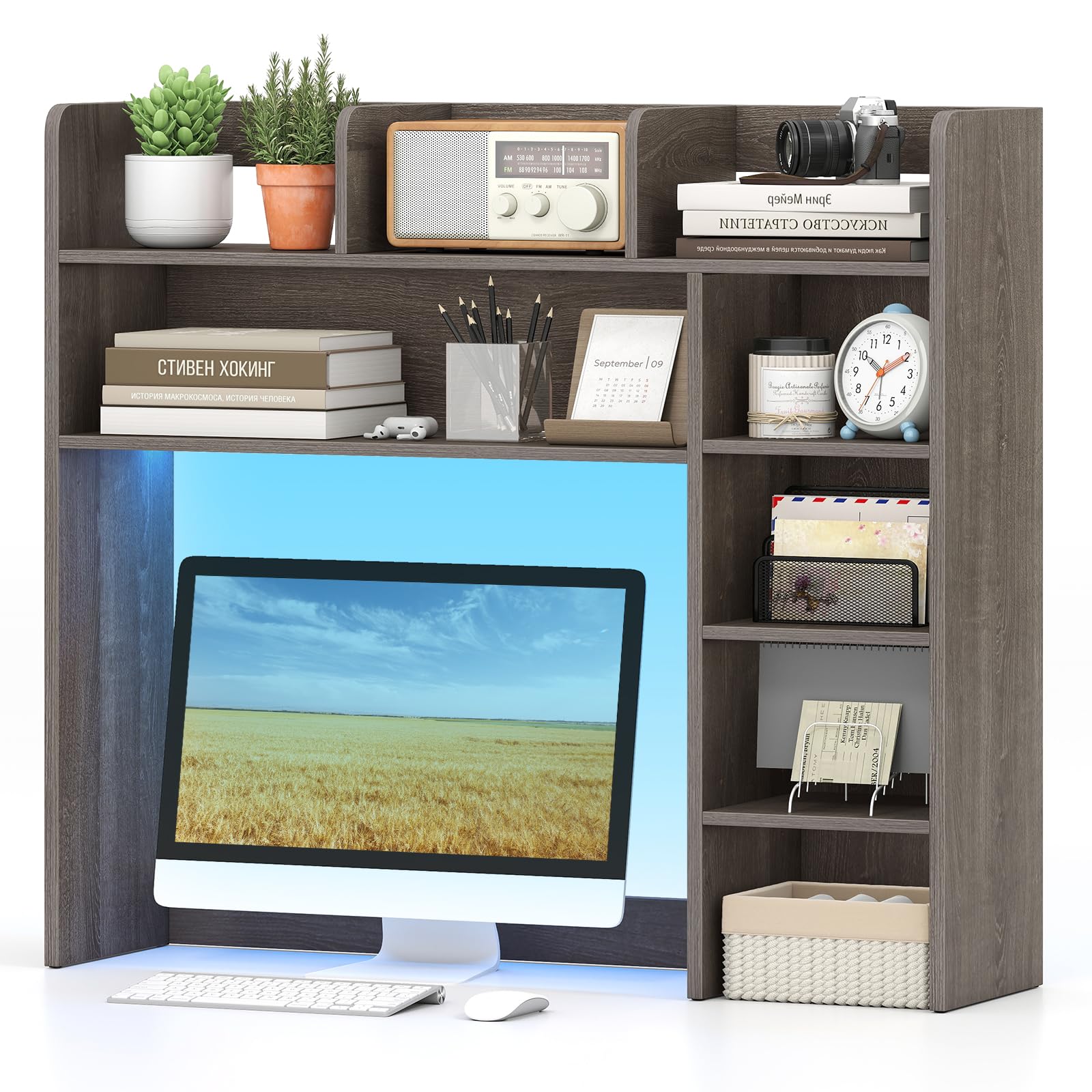 Tangkula Desktop Bookshelf with LED Lights, Desk Hutch with 8 Shelves for Max 25" Monitor, Desktop 5-Tier Display Rack, Multipurpose Wood Desktop Storage Hutch Organizer for Dorm Office Home (Grey)