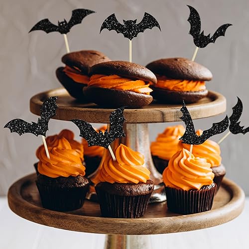 Miniatura 4 de 24 decoraciones de murciélago de Halloween para cupcakes con purpurina negra, decoración de palillos de Halloween para temática de Halloween, baby