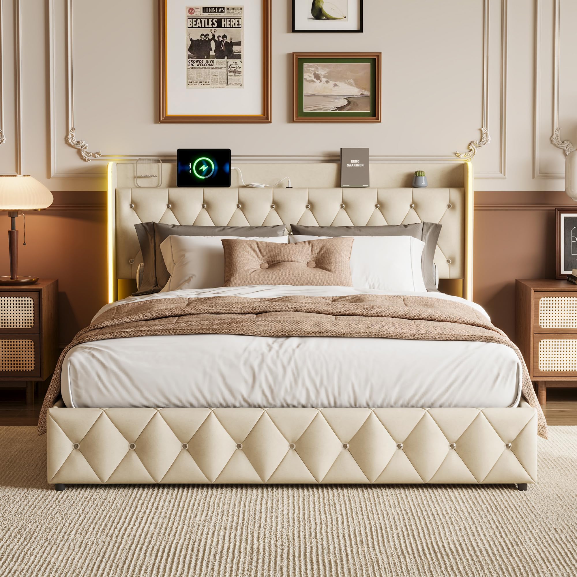 Letto matrimoniale imbottito 140 x 200 cm, letto idraulico a LED, letto matrimoniale con funzione porta di ricarica, comodino con funzione di carica, letto con vano portaoggetti (beige + flanella, 140