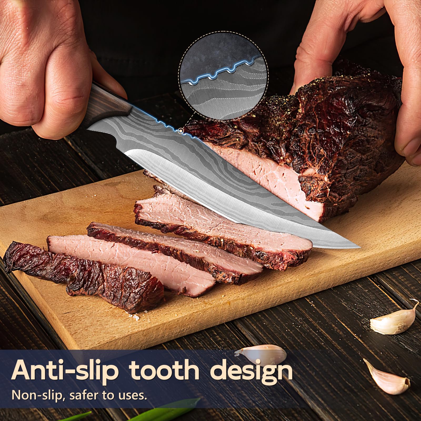 Dragon Creek - Set 6 couteaux à steak en acier inoxydable, manche bois. Pour maison & restaurant. Tranchants, boîte cadeau. Idéal pour hommes, femmes, parents.