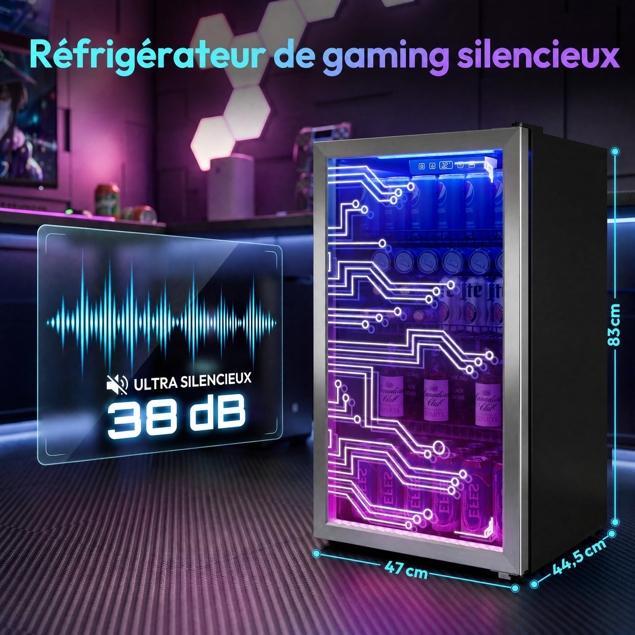TRIUMPHKEY Réfrigérateur à boissons 90L – porte vitrée et éclairage LED RGB