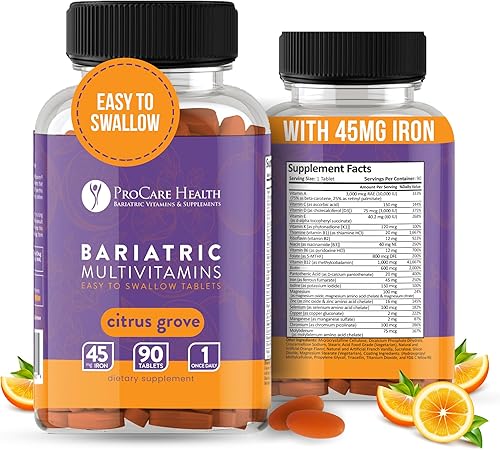ProCare Health Multivitamínico bariátrico con hierro de 45 mg (90 tabletas fáciles de tragar)  Vitaminas bariátricas postoperatorias para píldoras