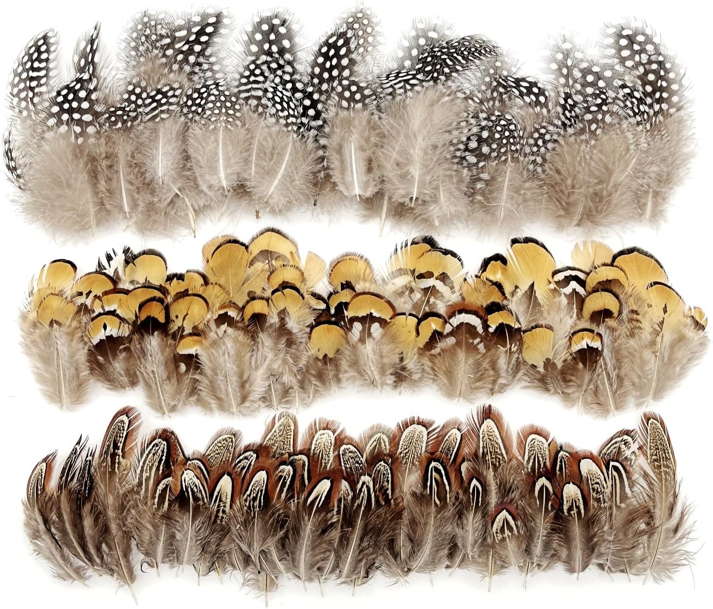 JZK 150pcs, 3 Styles Black Yellow Brown Natural Pheasant Feathers for Crafting, Speckled Real Feathers for Crafts DIY, Dream Catcher, Halloween Costume, earings, hat, Fly Tying