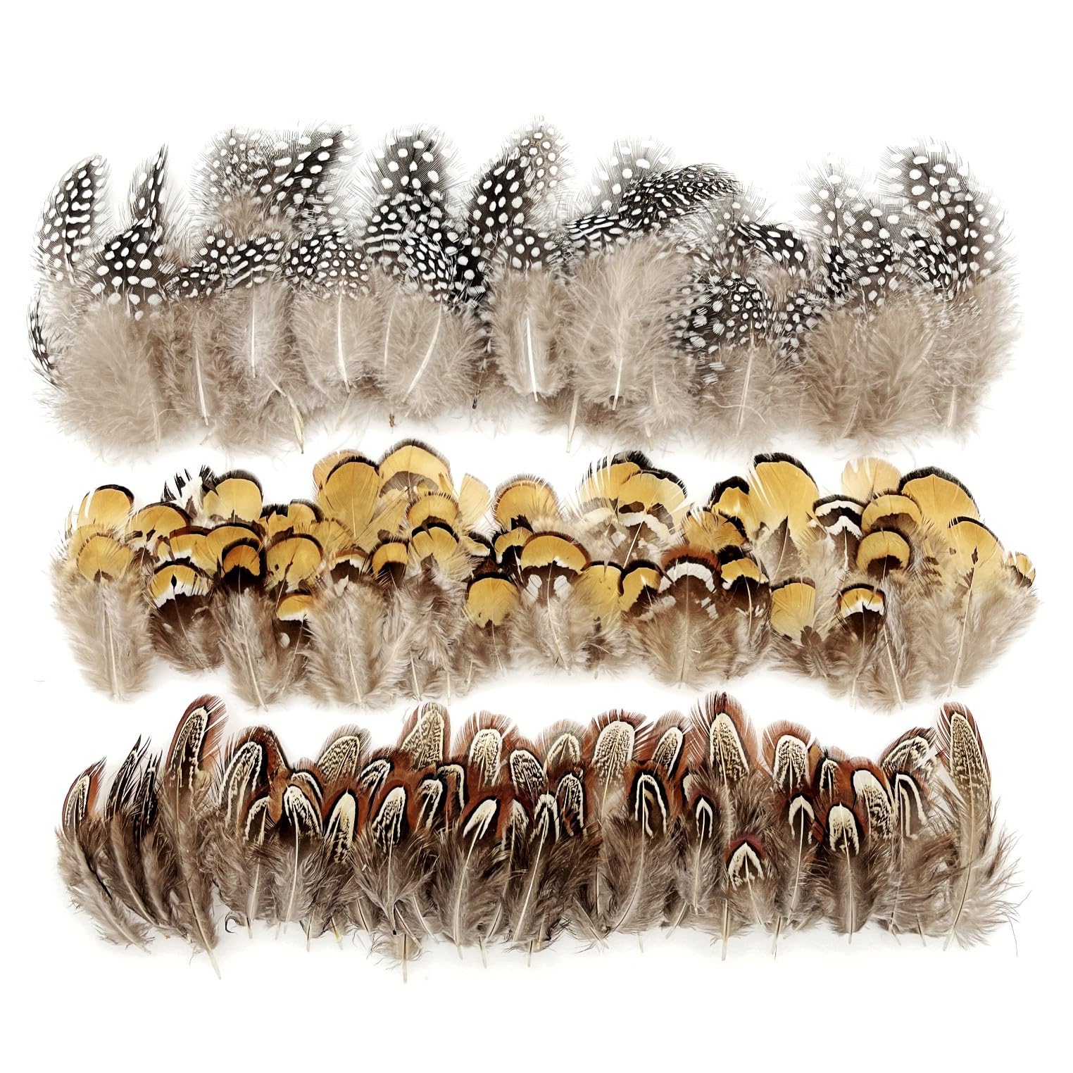 JZK 150pcs, 3 Styles Black Yellow Brown Natural Pheasant Feathers for Crafting, Speckled Real Feathers for Crafts DIY, Dream Catcher, Halloween Costume, earings, hat, Fly Tying