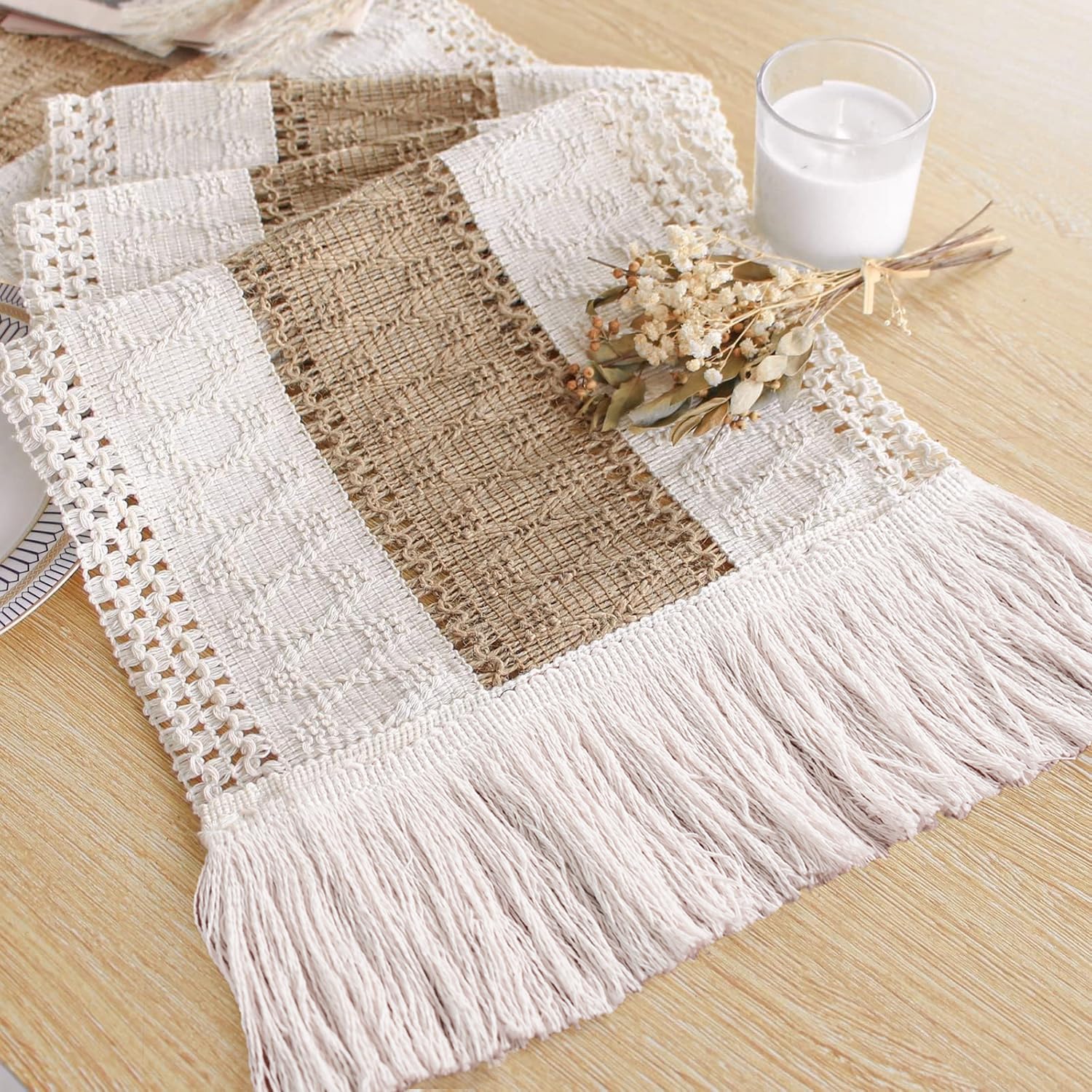 FEXIA Boho Table Runner for Fall Home Decor 12x72 Burlap with Tassels