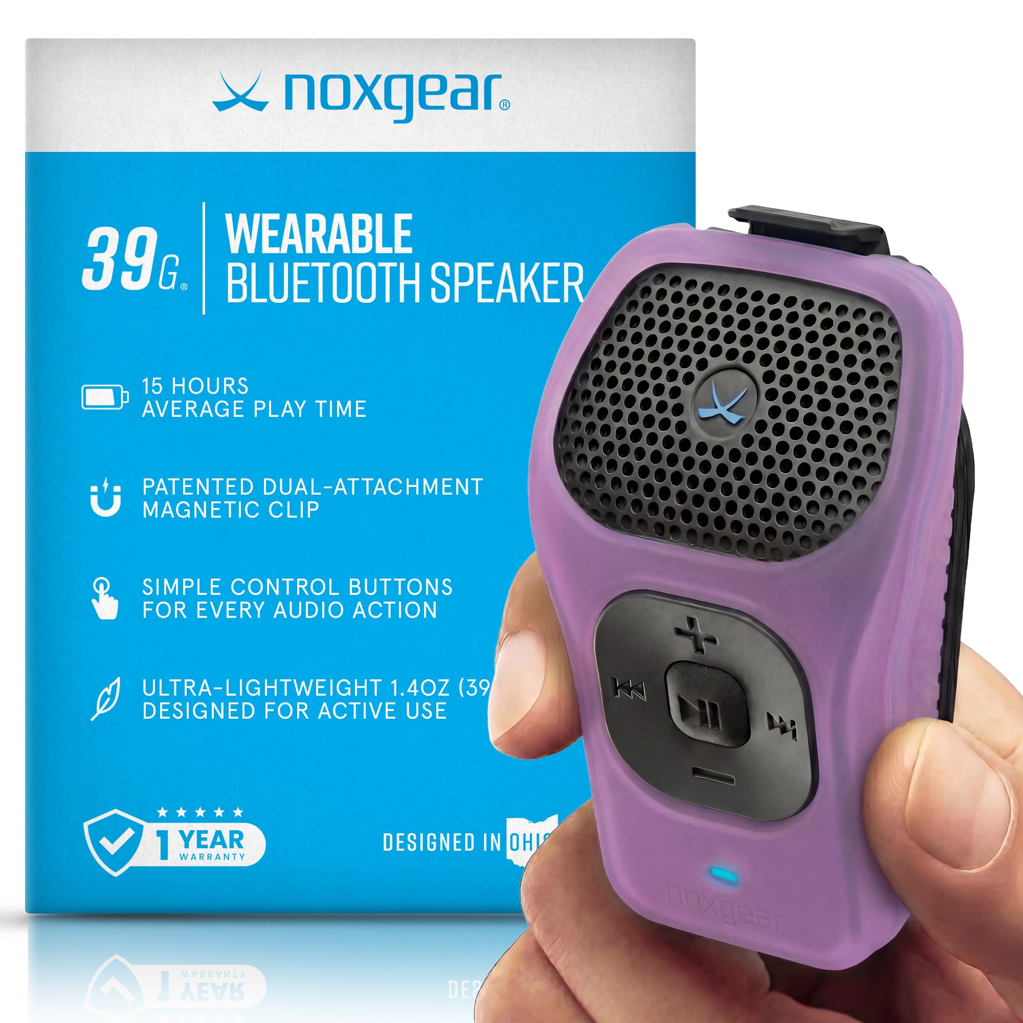 noxgear 39g Wearable Bluetooth Speaker, Magnetic Mini Clip-On EDC, Waterproof Up to 15 Hours Playtime | Clip On Bluetooth, Wearable Speaker with Microphone, 100ft Range (Color: Lilac)