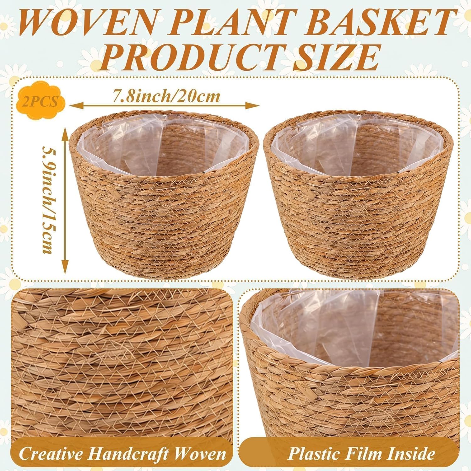 2PCS Seagrass Plant Basket for Indoor and Outdoor,Rattan Large Planter Basket with Liner for 6 inch Pot,Wicker Plant Pot Covers for Potted Plants,Woven Storage Baskets for Rustic Boho Farmhouse Decor
