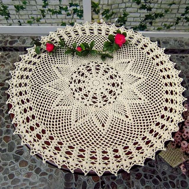 kilofly Handmade Crochet Cotton Lace Table Sofa Doily, Waterlily, Beige, 22 inch