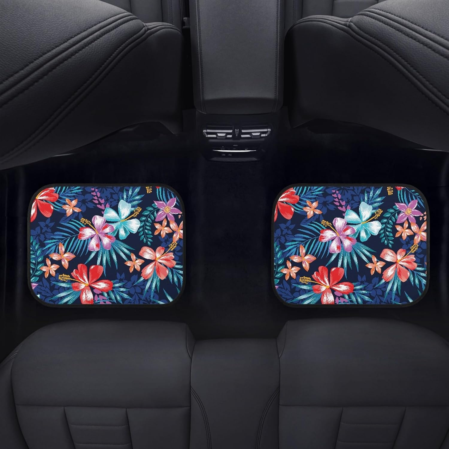 Tropical Flower Car Floor Mats Carpet Set of 4 Abstract Bright Colorful Summer Floral with Leaves Floor Mats for Cars Universal Vehicle Front Rear Rugs Cute Car Decor Accessories for Trucks
