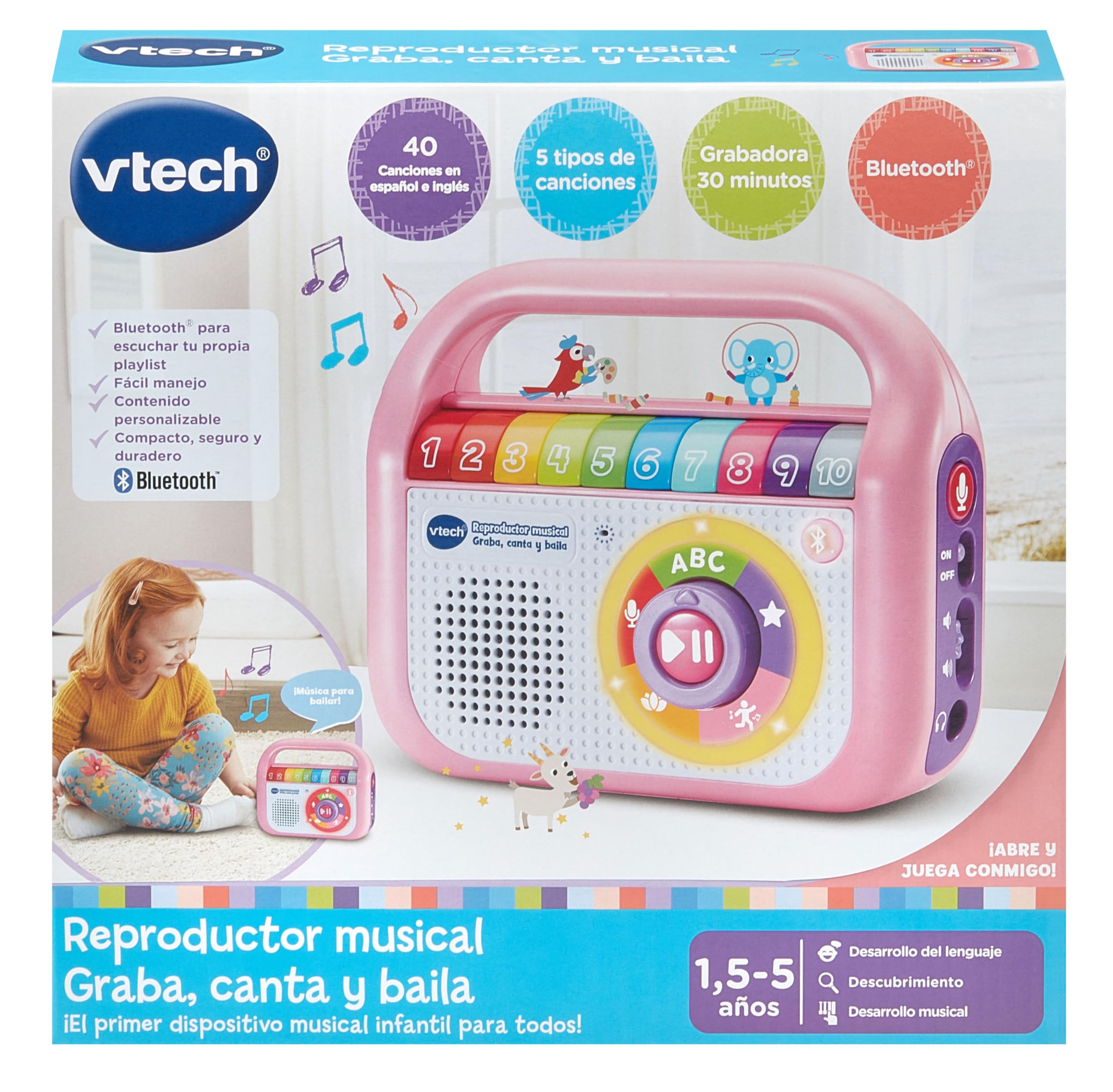 VTech - odtwarzacz muzyczny nagrywaj śpiew i taniec różowy, radio dla dzieci z Bluetooth, nagrywarka, zabawka dla dzieci +1,5 lat, wersja hiszpańska