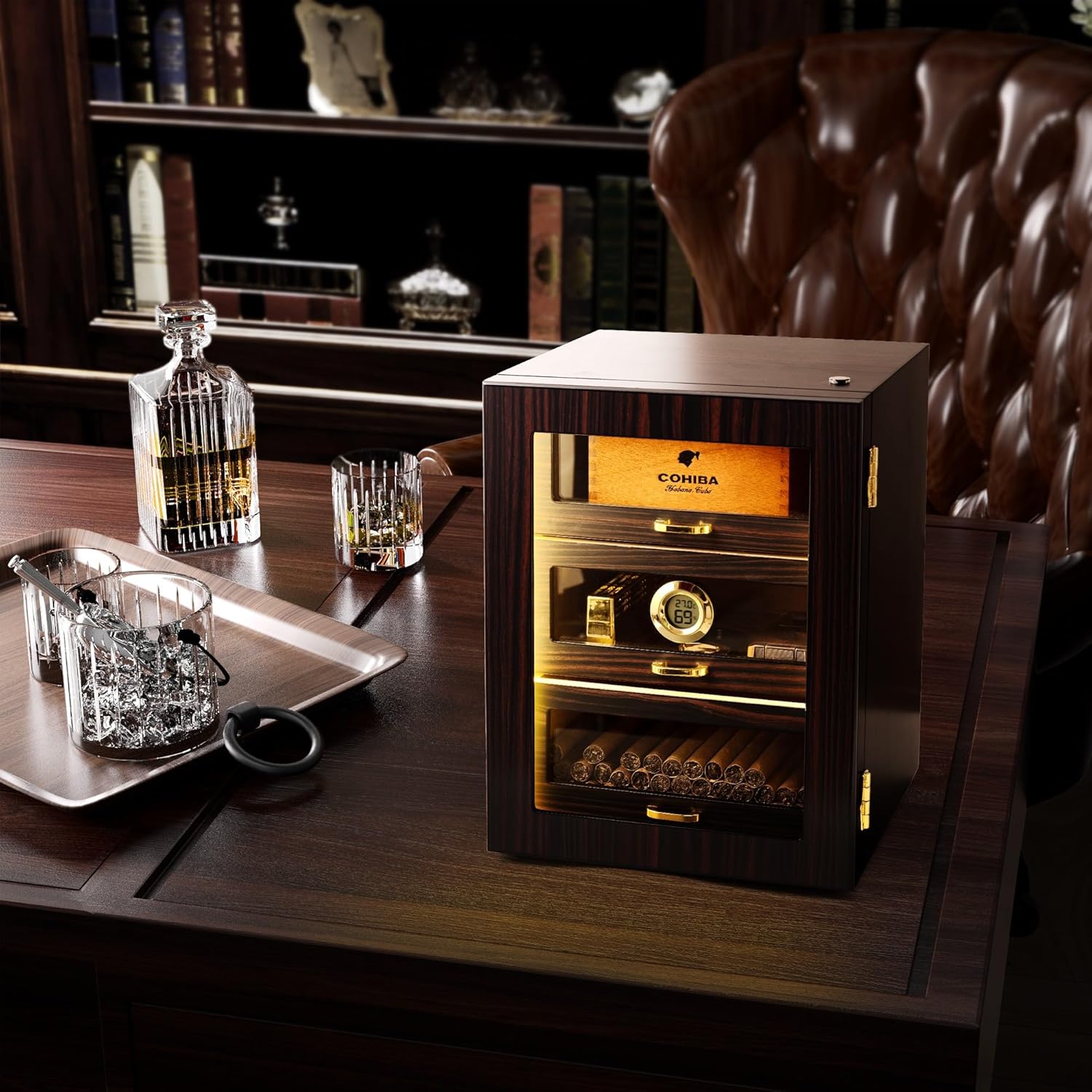 Cigar Humidor Cabinet, Desktop Cigar Gift for Men Holds 150 Counts with Adjustable LED Lighting, Spanish Cedar Lined Drawers, Digital Hygrometer & Crystal Gel Humidifier, Ebony Finish