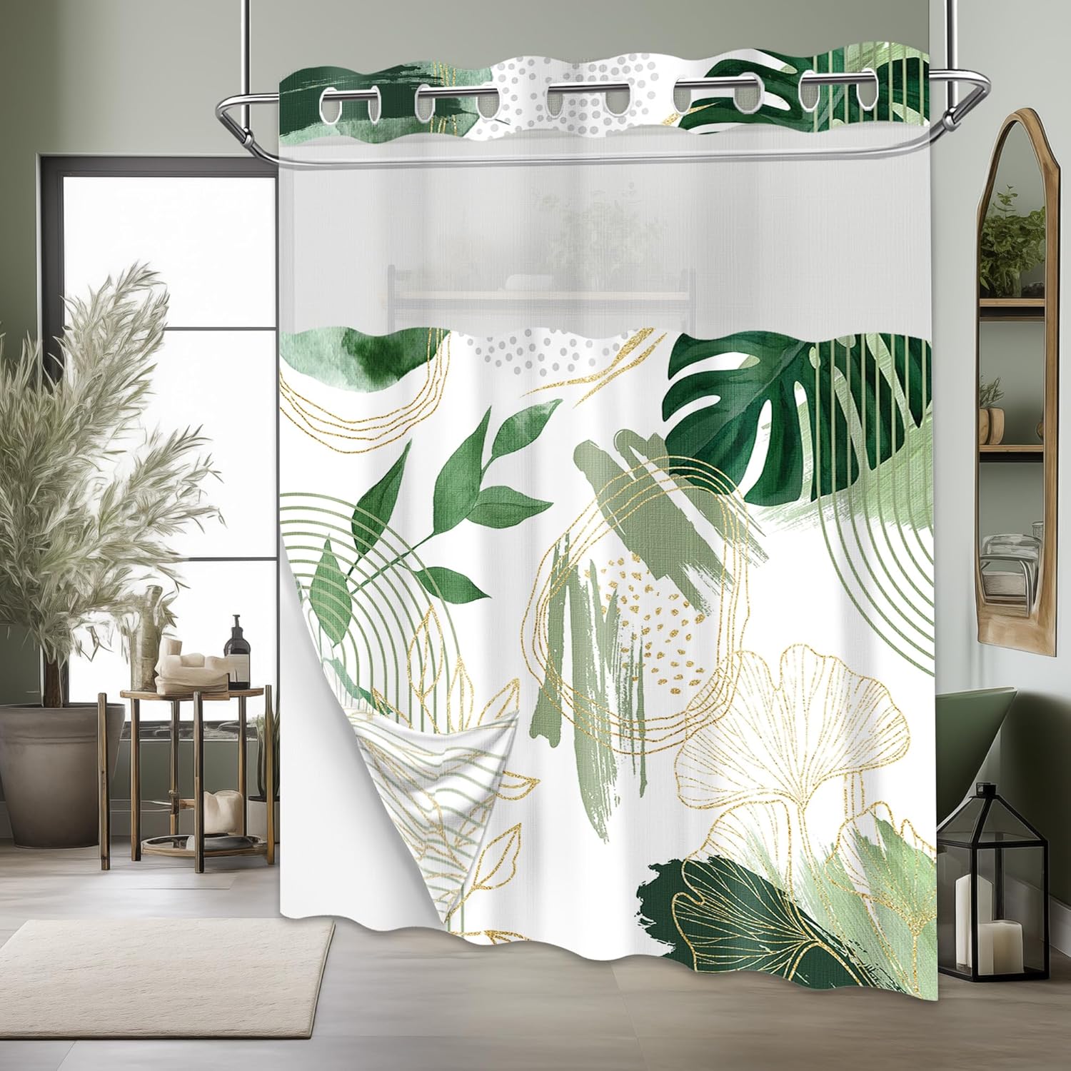 Sage Green Hookless Shower Curtain with Snap in Liner, White and Olive Green Leaf No Hook Double Layer Shower Curtain and Liner Set, Ringless with Window Waterproof Cloth Fabric, 60" W x 74" L