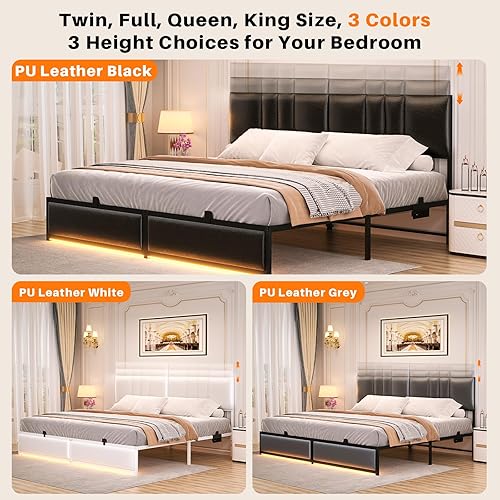Miniatura 7 de Base de cama tamaño King con cabecera ajustable de 3 alturas, cama de plataforma tapizada de cuero con luz LED y estación de carga, soporte de marco