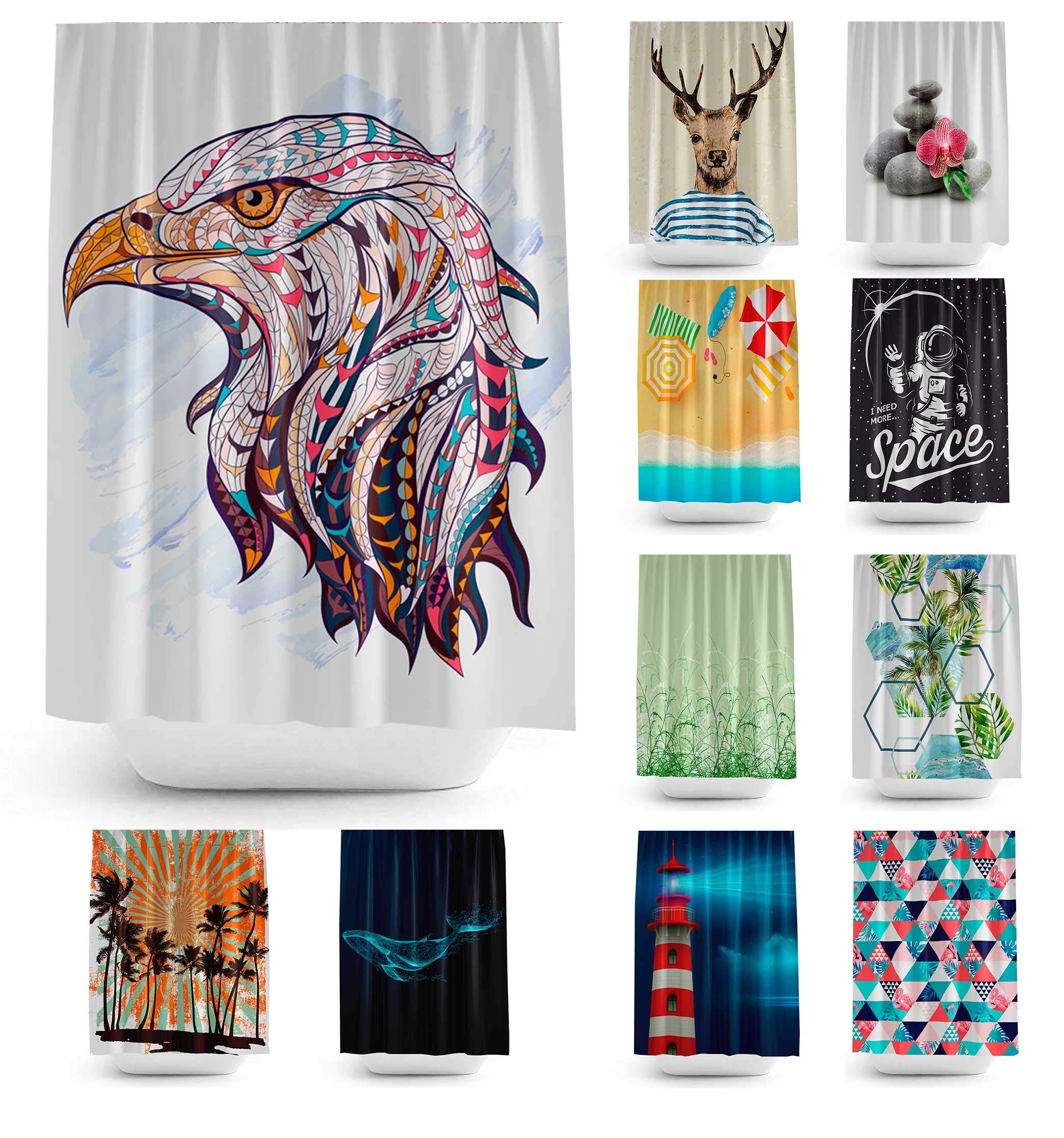 Extra long fabric shower curtains, 180cm wide by 200cm drop (EAGLE)