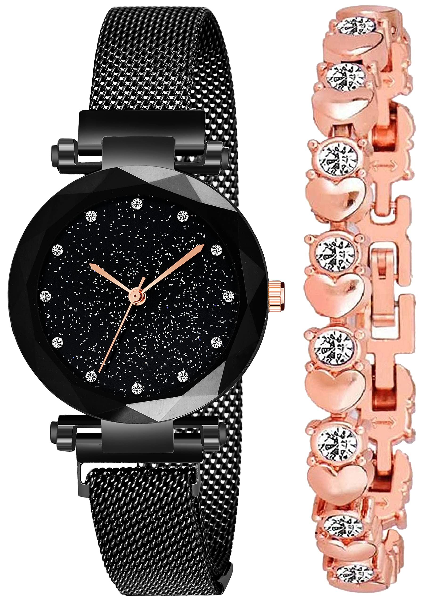 Acnos® Premium Womens Branded Black Magnet Analogue Watch with Fre Gift Rosegold Bracelet and Gift Box and Watch, Multicolour (B08V1SQB9C) Amazon Price History, Amazon Price Tracker