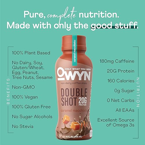 Miniatura 3 de OWYN Only What You Need Double Shot - Batido de café de proteína keto sin lácteos, caramelo macchiato, 0.00 oz de azúcar, 0.71 onzas de proteína a