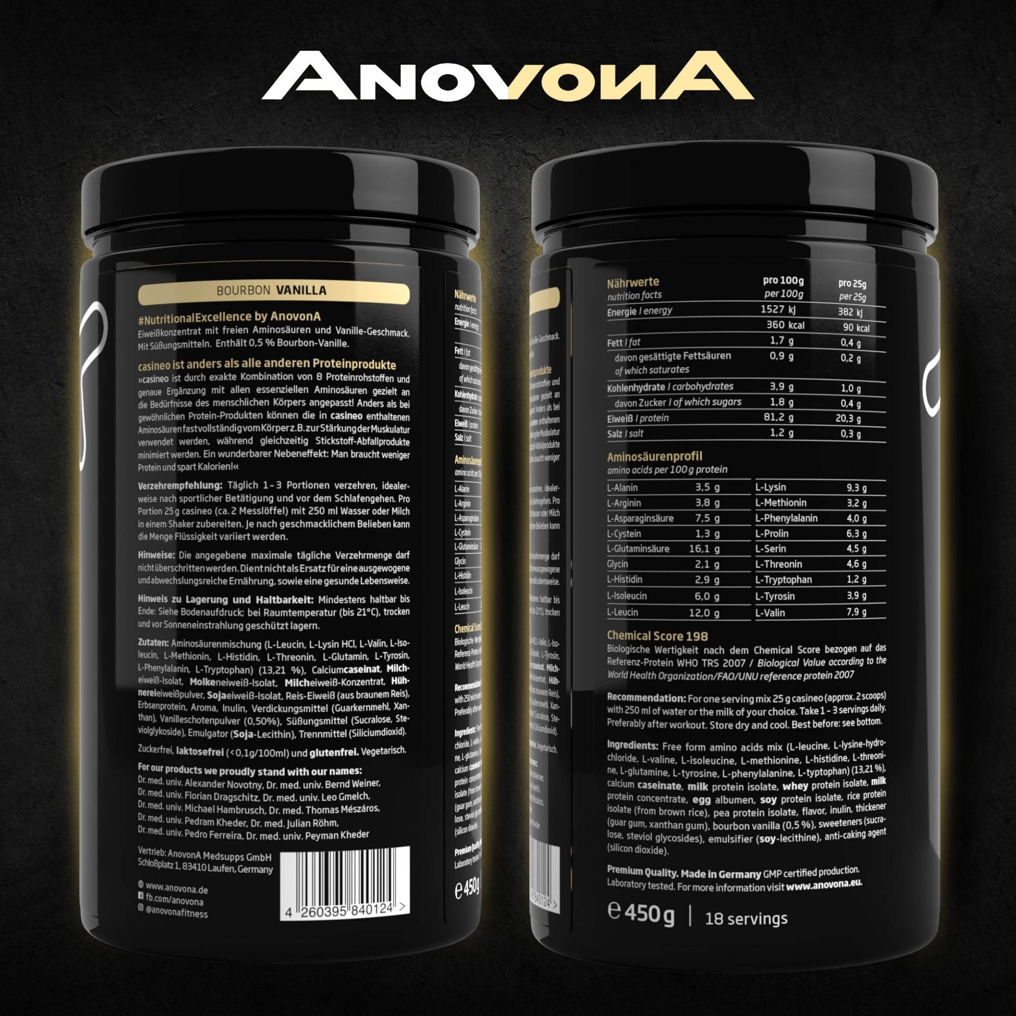 Anovona casineo 8K Protein Pulver: Langanhaltende Sättigung & Muskelaufbau – Casein Protein mit höchster biologischer Wertigkeit– Ideal für Regeneration & Muskelproteinsynthese – Bourbon Vanille, 450g
