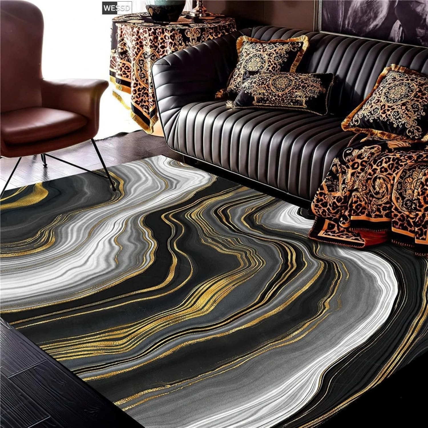 Luxury Black Gold Marble Area Rug for Living Room